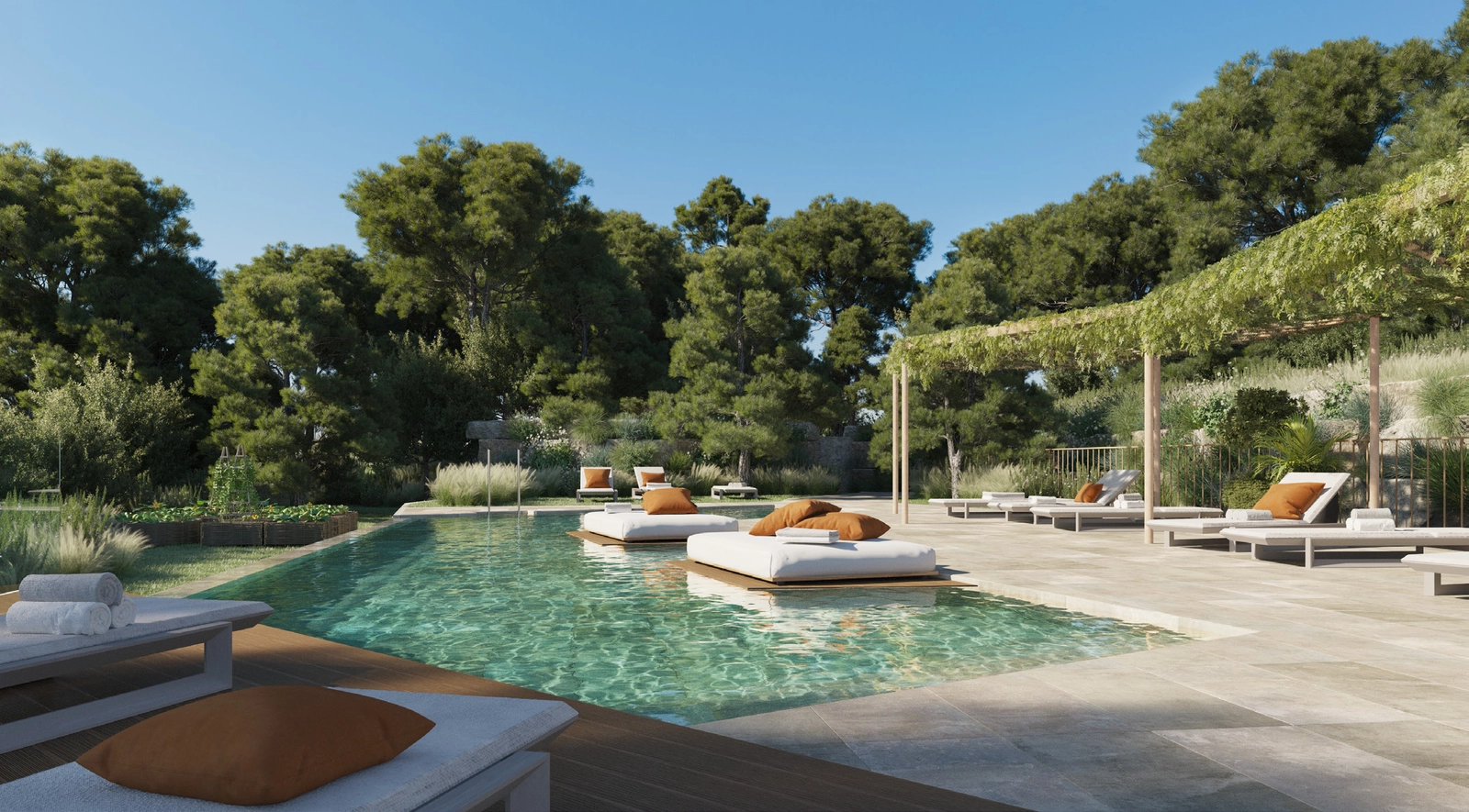 Het gemeenschappelijke zwembad is een rustige oase, omringd door weelderig groen voor ultieme sereniteit.