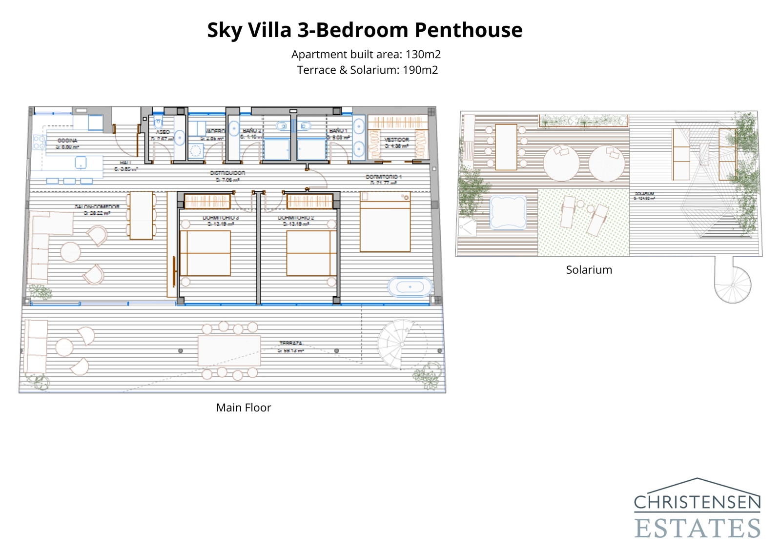 Dit penthouse plan van de Sky Villa toont de uitgestrekte begane grond en het prachtige dakterras/solarium, en biedt ultieme privacy en spectaculair uitzicht.