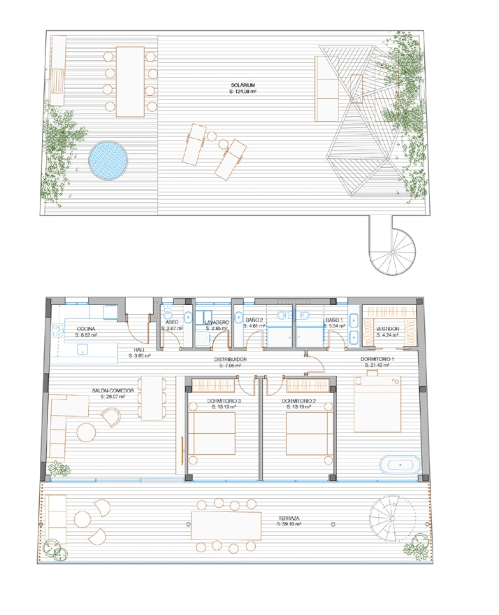 Een gedetailleerde plattegrond van het Sky Villa Solarium, die de intelligente doorstroom tussen de drie slaapkamers, woonruimtes en het indrukwekkende boventerras illustreert.
