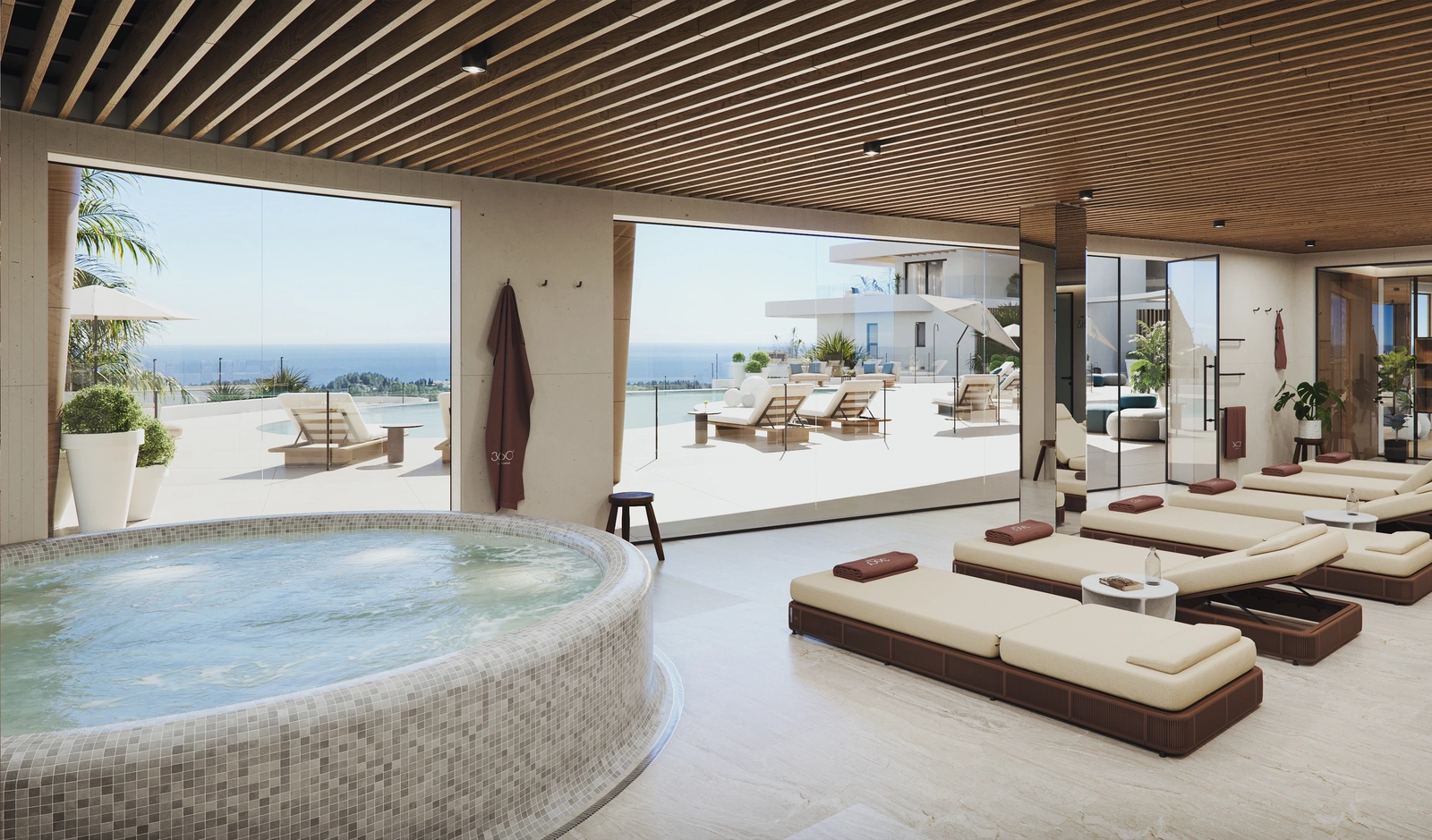 Een rustige wellnessruimte met spa en jacuzzi, perfect voor rust en vernieuwing aan de Costa del Sol.