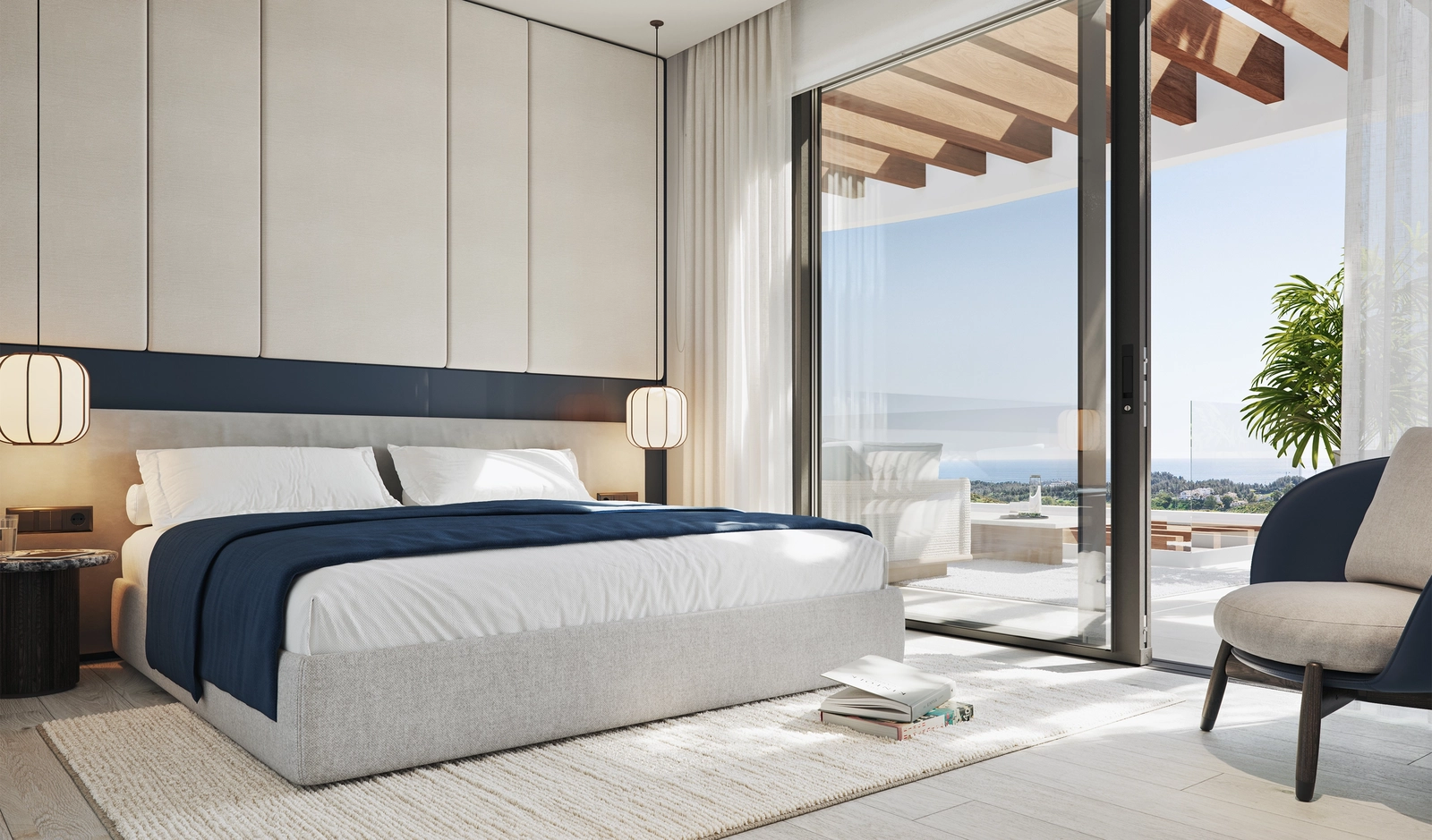 Rustgevende hoofdslaapkamer met zacht licht, open zeezicht en totaal comfort.