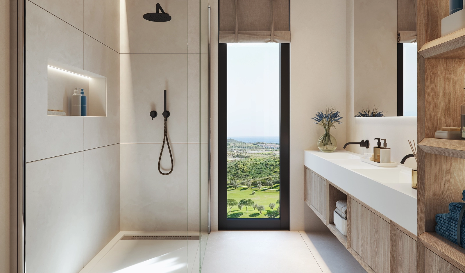 Uw badkamer biedt een kalme, spa-geïnspireerde ruimte met zacht licht en ontspannend uitzicht over de Cerrado de Aguila Golf Club.