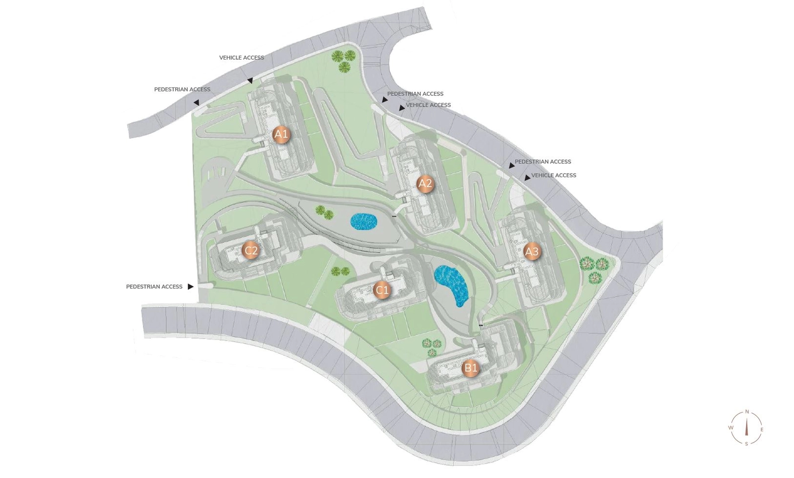 Ontdek het meesterlijke masterplan, dat de harmonieuze integratie toont van zes exclusieve gebouwen binnen aangelegde tuinen, zwembaden en recreatiegebieden.