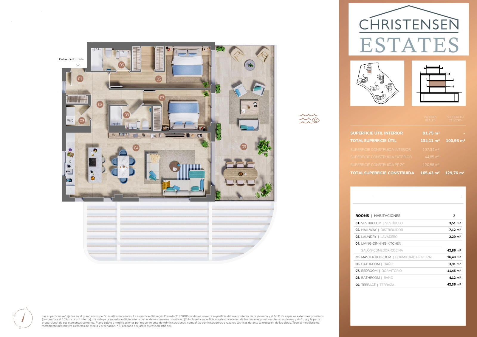 Dit plattegrond met twee slaapkamers onthult een perfecte balans tussen privévertrekken en sociale ruimtes, met een ruim terras voor een verhoogde woonervaring.