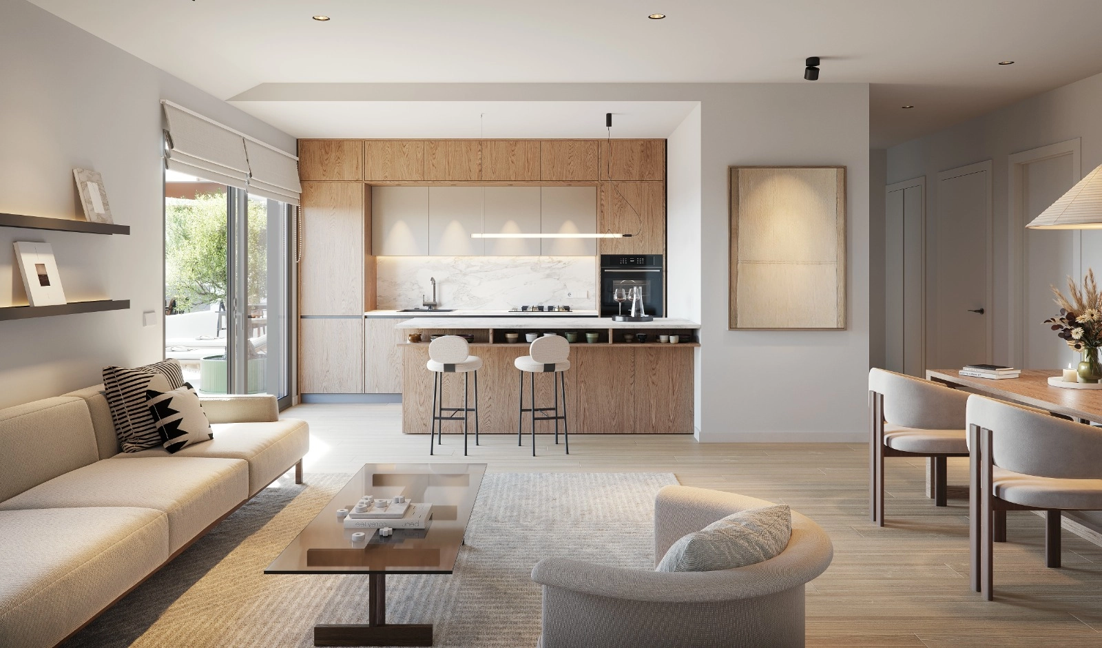 De open keuken en woonruimte creëren een naadloze flow voor modern wonen en entertainen.