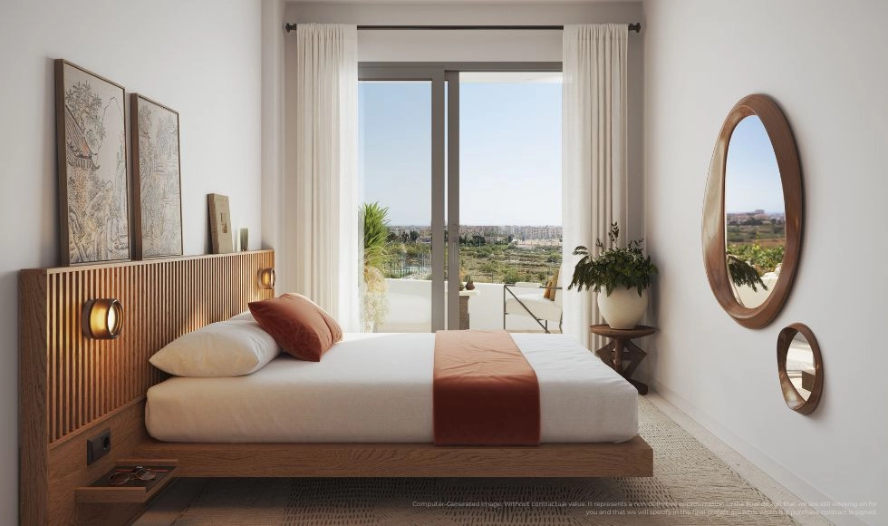 De slaapkamers zijn zorgvuldig ontworpen als rustgevende toevluchtsoorden, gevuld met natuurlijk licht van de Costa del Sol.