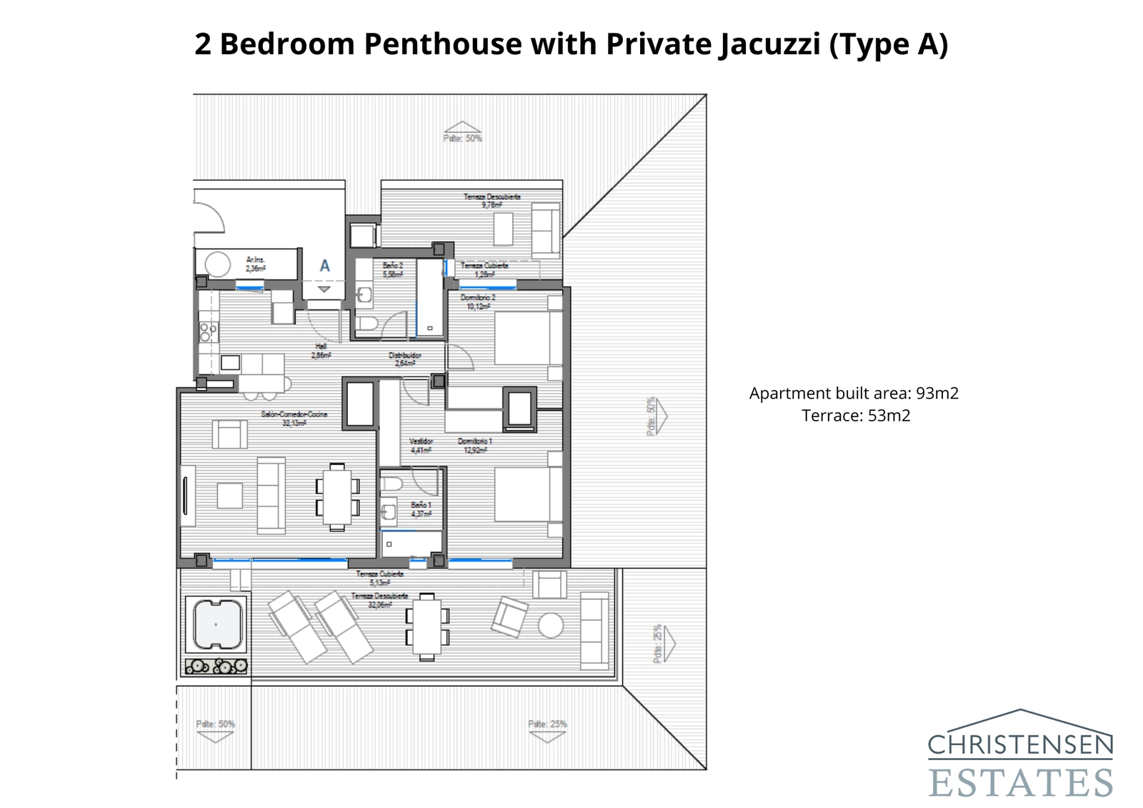 Plattegrond van het tweeslaapkamer penthouse Type A, met een groot rondlopend terras en privéjacuzzi.