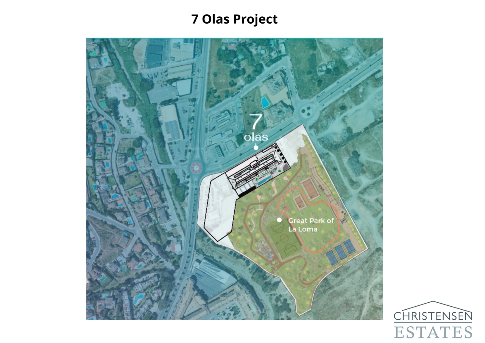 Situatieplan dat de uitstekende locatie van het project naast het uitgestrekte Grote Park van La Loma toont.