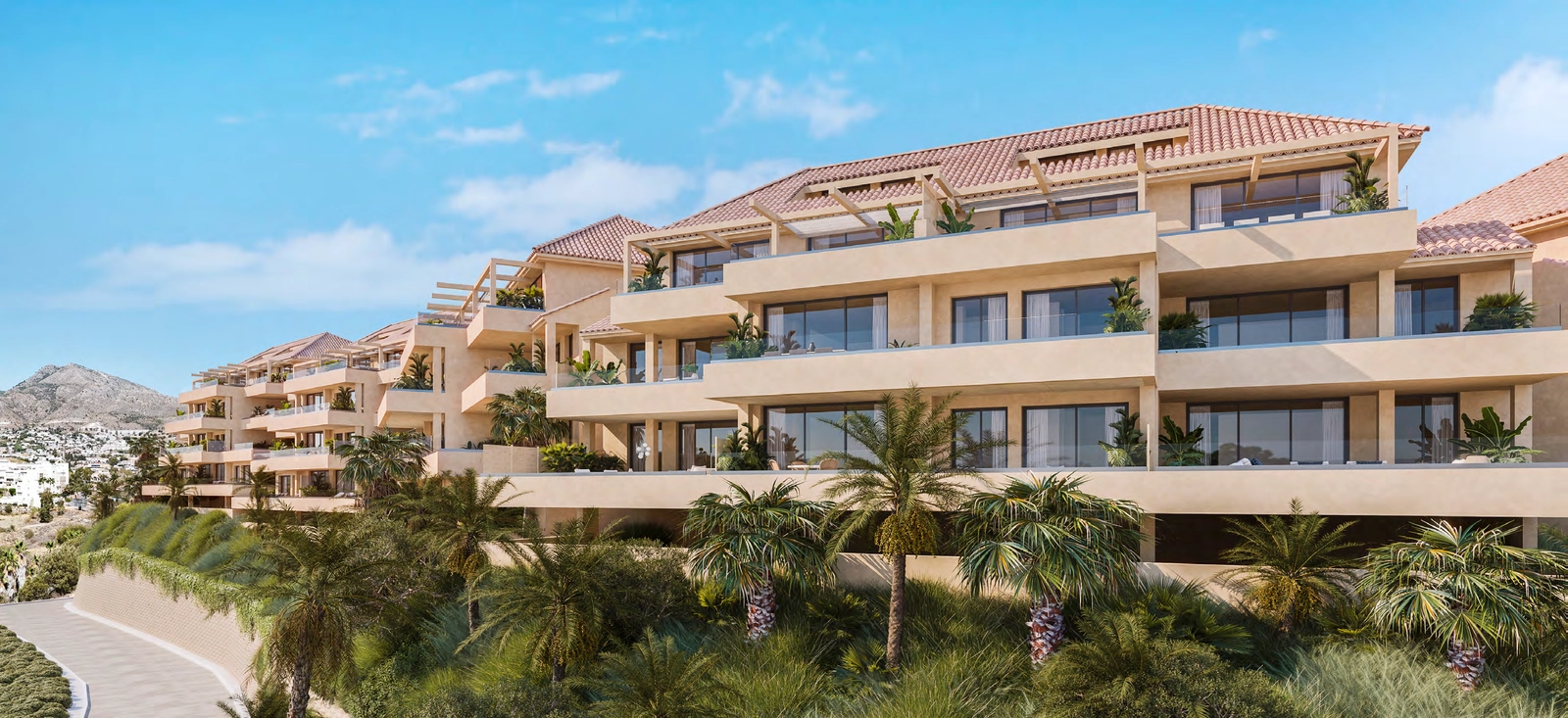 De elegante architectuur van het project, doordacht geïntegreerd in het natuurlijke heuvellandschap.