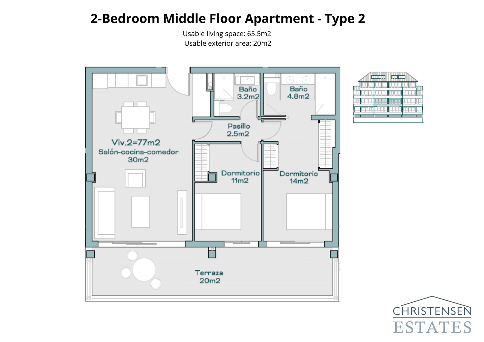 Een efficiënte indeling met twee slaapkamers die ruimte en licht maximaliseert, met een open woonkamer en directe toegang tot een privéterras.