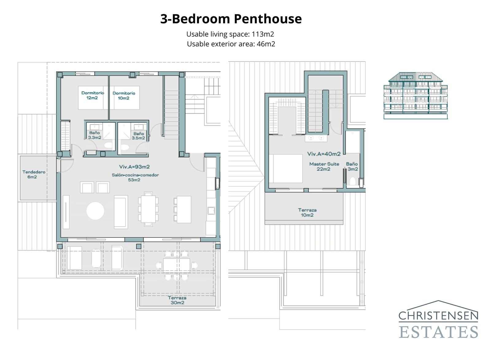 De plattegrond van het duplex penthouse, met twee luxe verdiepingen, een privésuite op de bovenverdieping en uitgestrekte terrassen voor ultieme privacy.