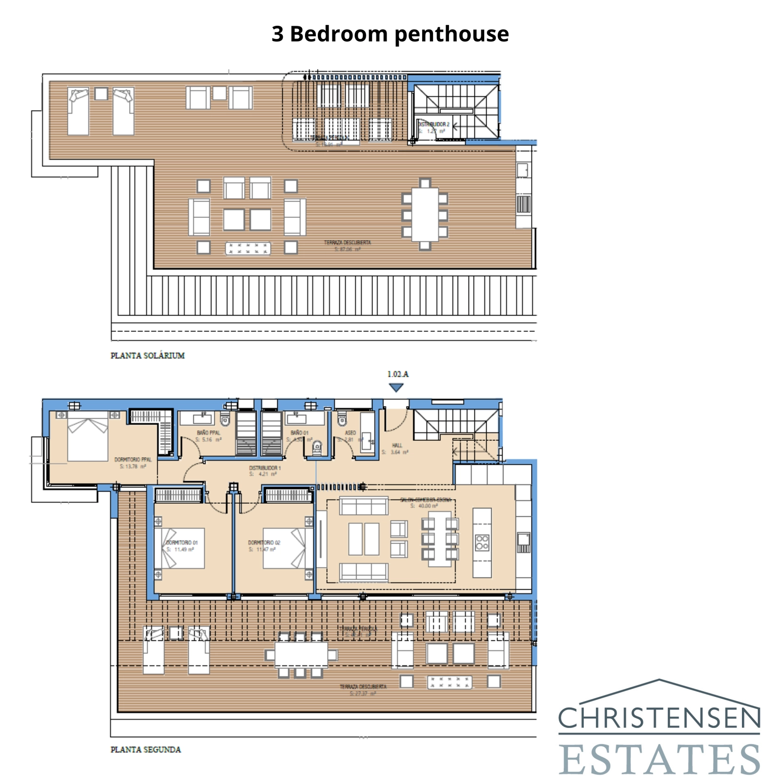 Deze indeling van een penthouse met drie slaapkamers omvat een uitgebreid solarium, dat een exclusieve woonervaring op het dak biedt met panoramisch uitzicht.