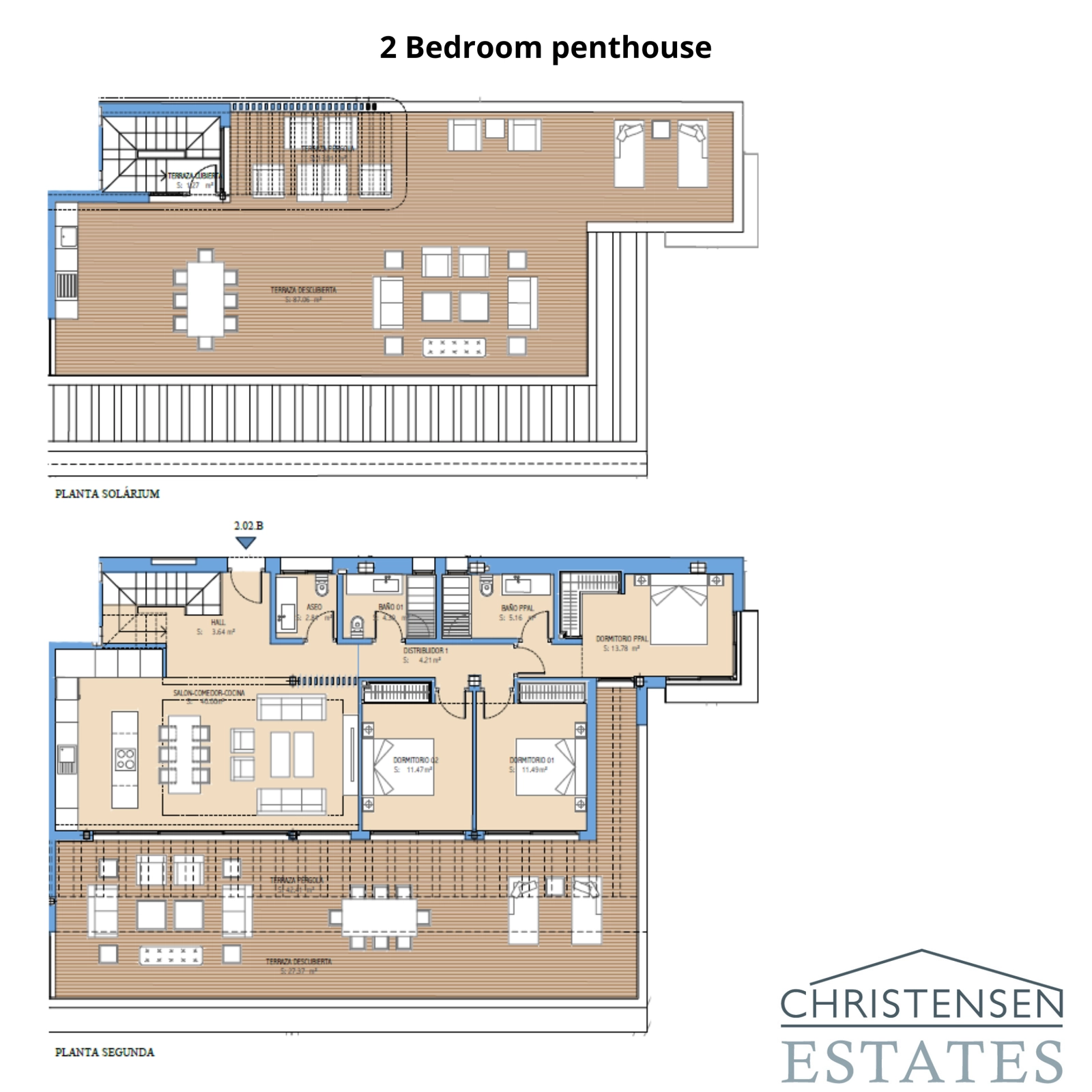 De plattegrond van het penthouse met twee slaapkamers beschikt over een ruim solarium op het dak, perfect om privé te zonnen en te entertainen.