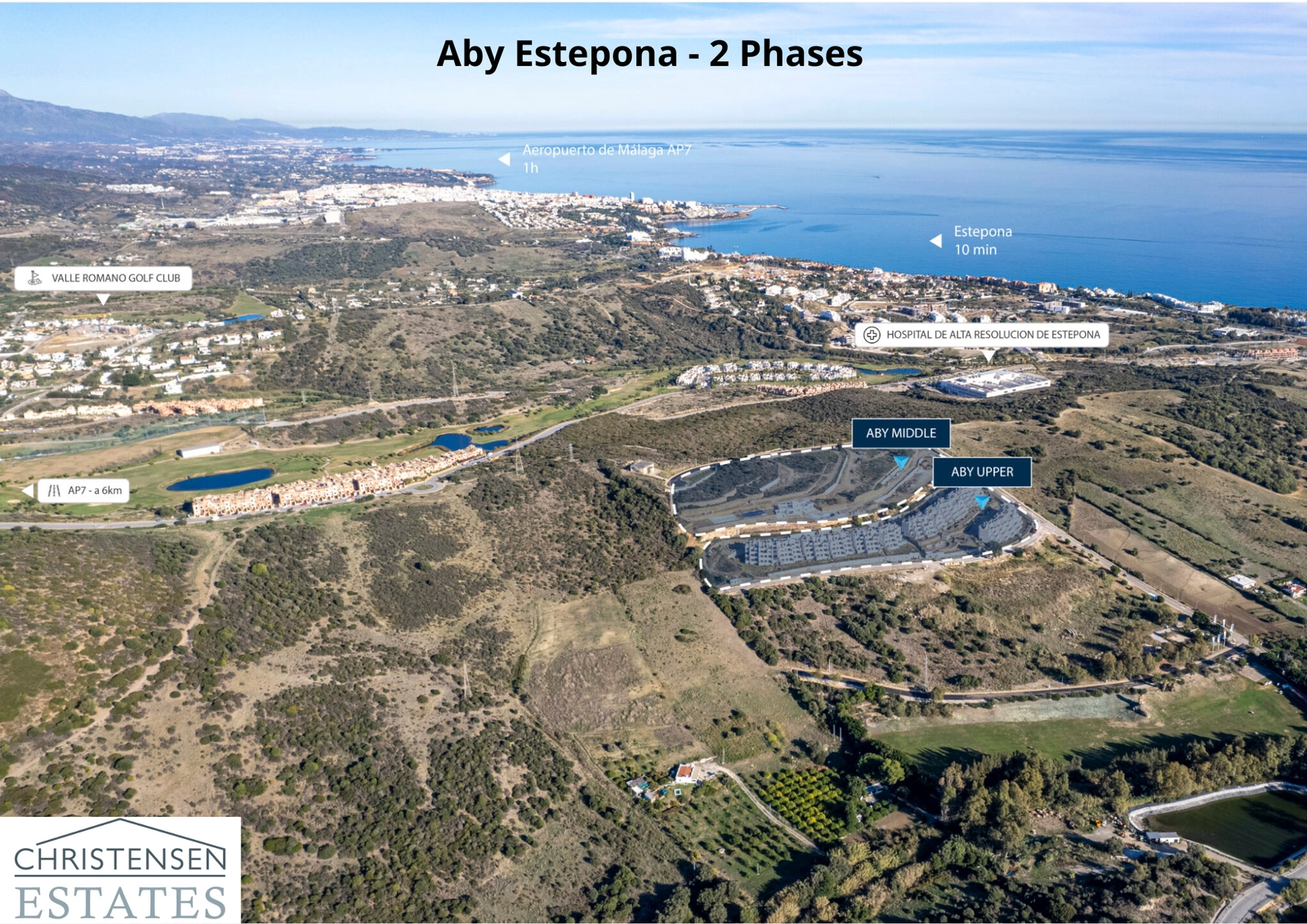 Dit locatieplan toont de bevoorrechte ligging van het project, dicht bij de zee, golfbanen en de stad Estepona.