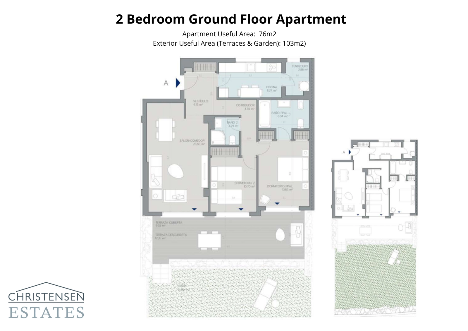 De indeling van dit gelijkvloerse appartement met twee slaapkamers beschikt over een royale tuin en terras, waardoor de woonruimte naar buiten wordt uitgebreid.