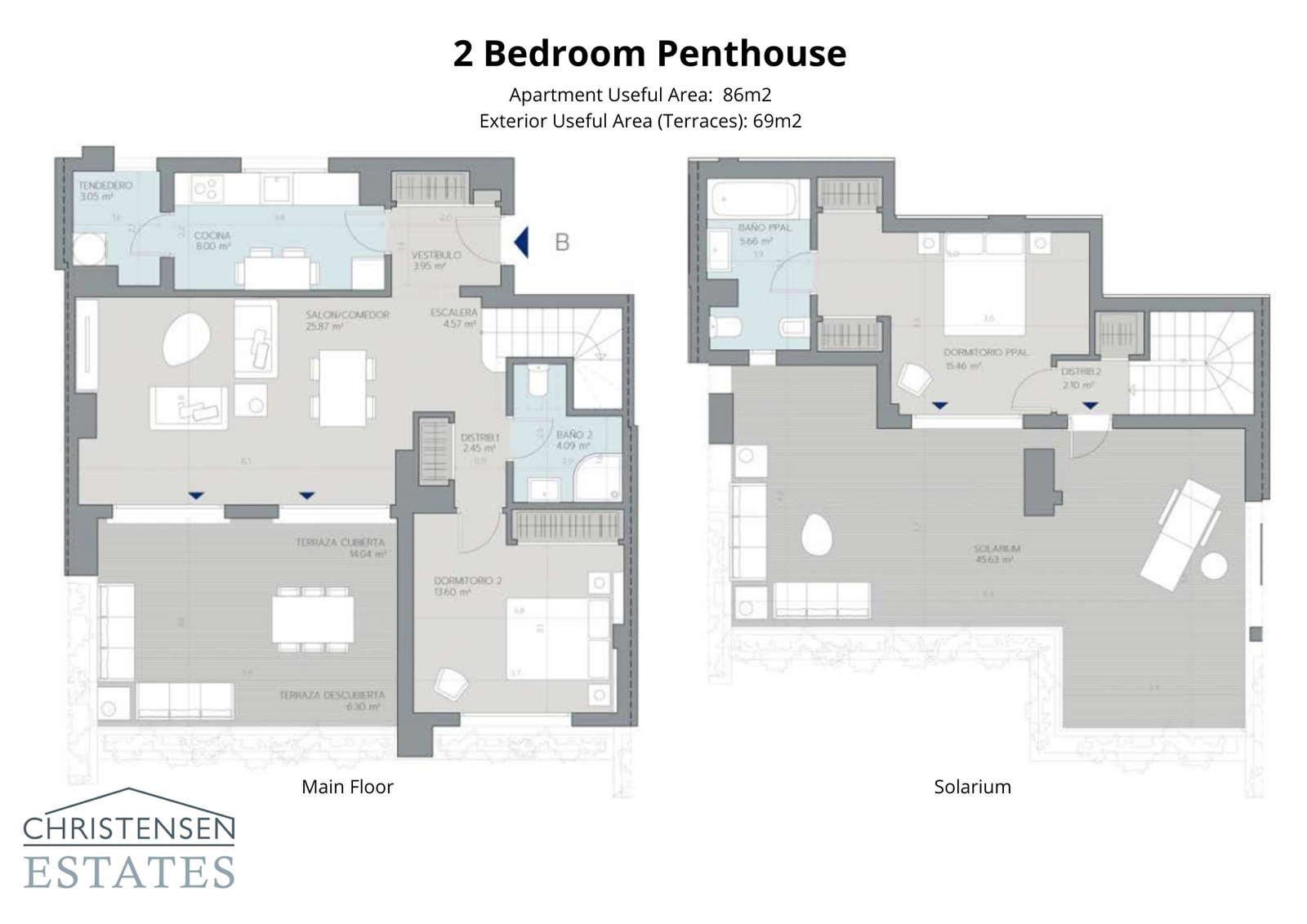 Deze plattegrond van het penthouse met twee verdiepingen omvat een groot solarium, dat privacy en uitzonderlijk uitzicht biedt.