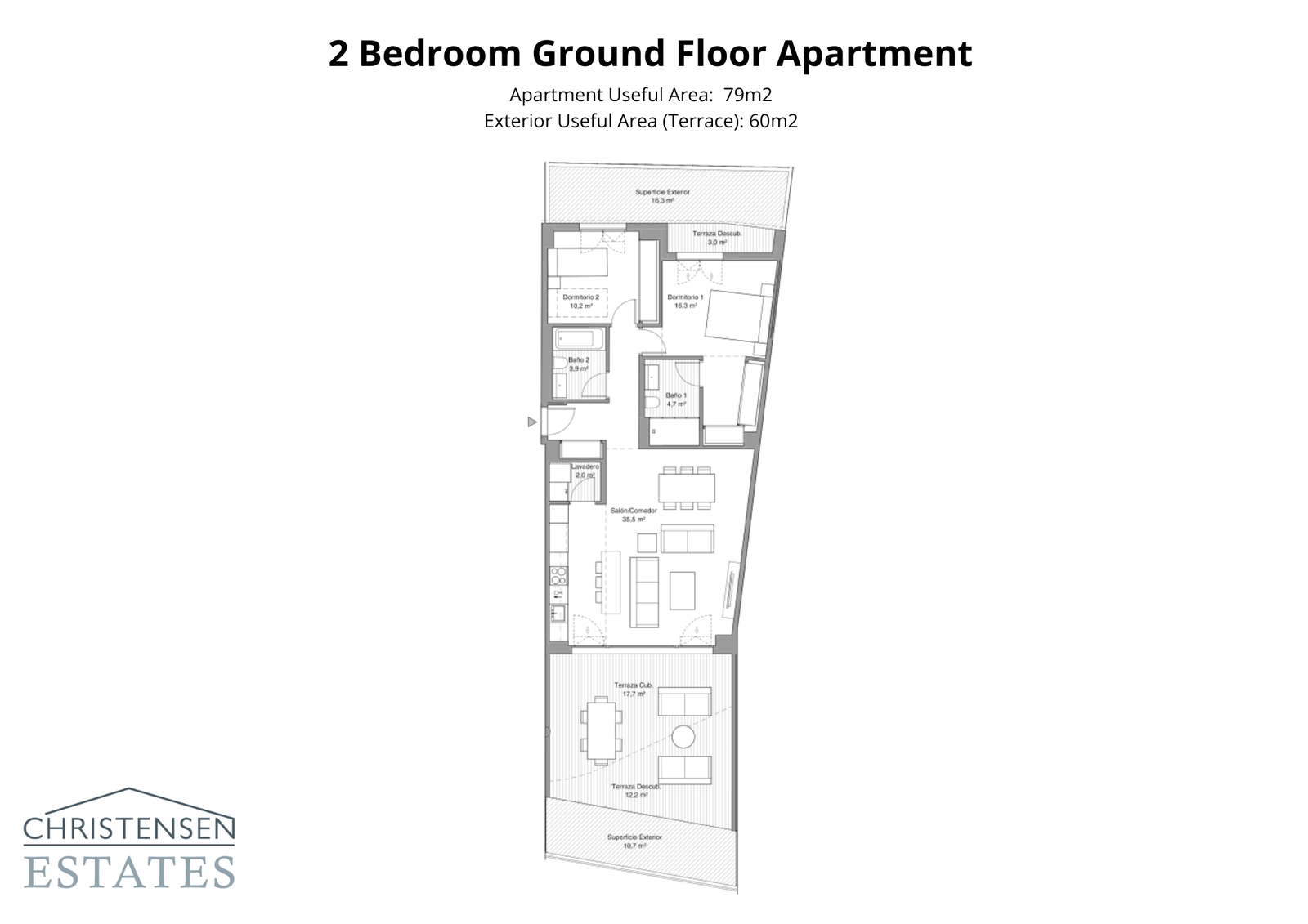 Deze woning op de begane grond met twee slaapkamers heeft een slimme indeling met twee afzonderlijke terrassen, waardoor de leefruimte naar buiten wordt uitgebreid.