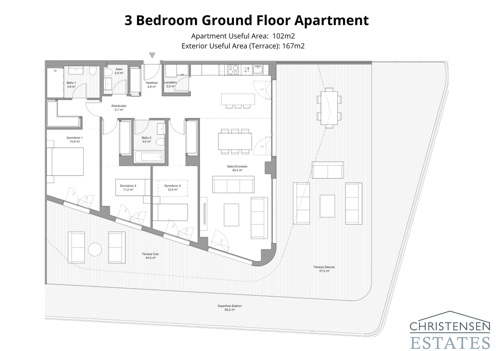 De ruime residentie op de begane grond met drie slaapkamers biedt een royaal terras en een privétuin, perfect voor het gezinsleven en entertainment.