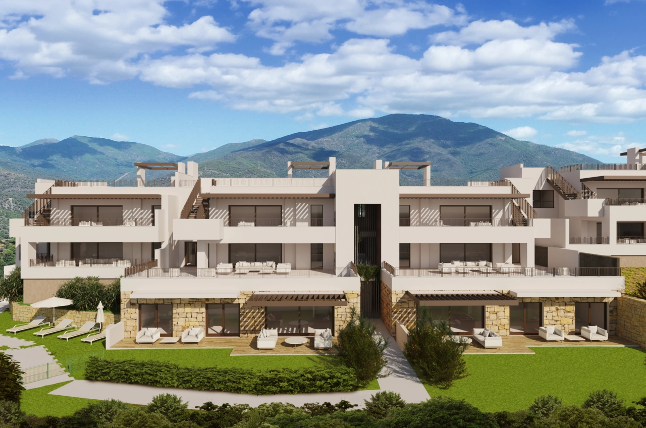 De strakke lijnen van de gevel van het gebouw, aangevuld met weelderige, aangelegde tuinen voor de bewoners.