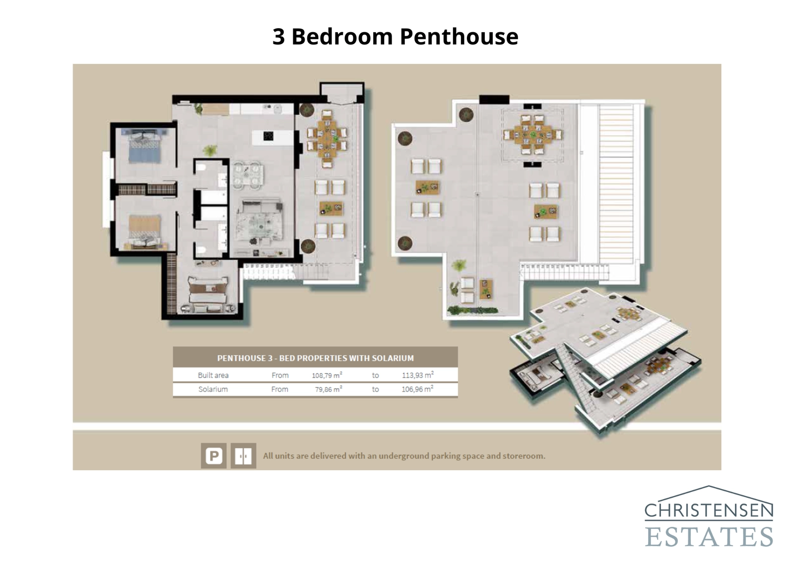 Deze plattegrond toont de indeling van een penthouse met drie slaapkamers, compleet met een uitgestrekt privé solarium op het dak voor een ultieme binnen-buiten levensstijl.