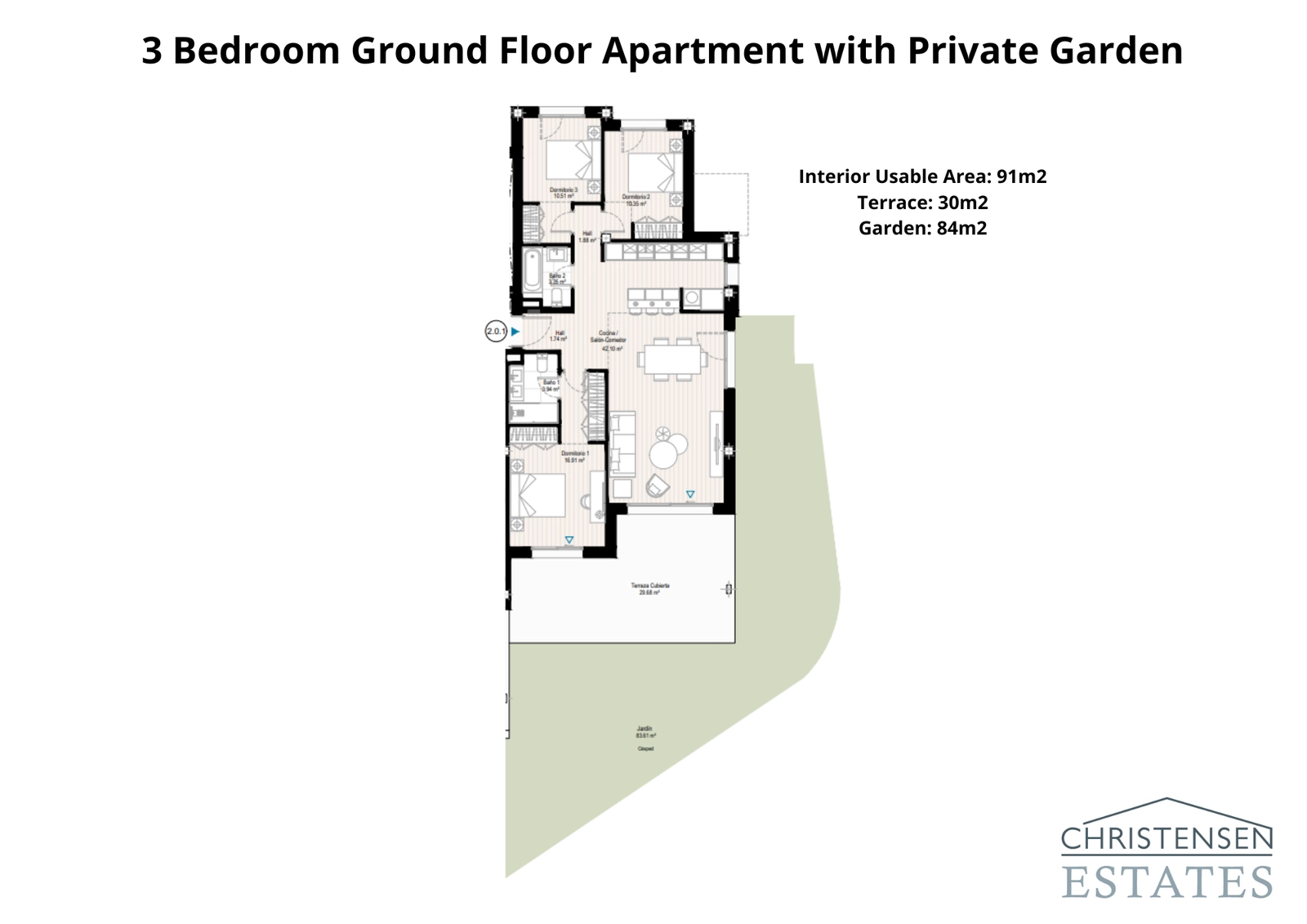 Deze indeling van een appartement met drie slaapkamers op de begane grond toont een naadloze verbinding tussen het ruime interieur en een grote privétuin, perfect voor het gezinsleven.