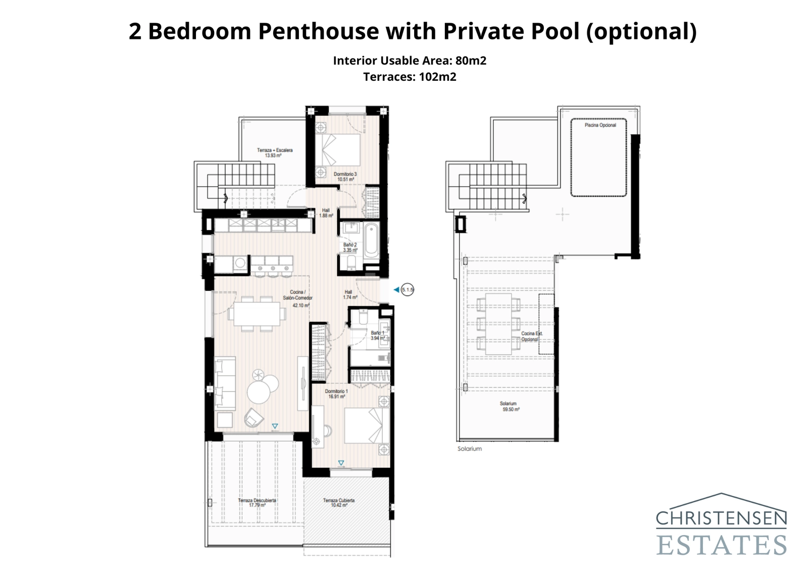 Dit plattegrond van een penthouse met twee slaapkamers benadrukt de uitgestrekte terrassen en het dakterras, ontworpen om het prachtige uitzicht op zee en het buitenleven te maximaliseren.