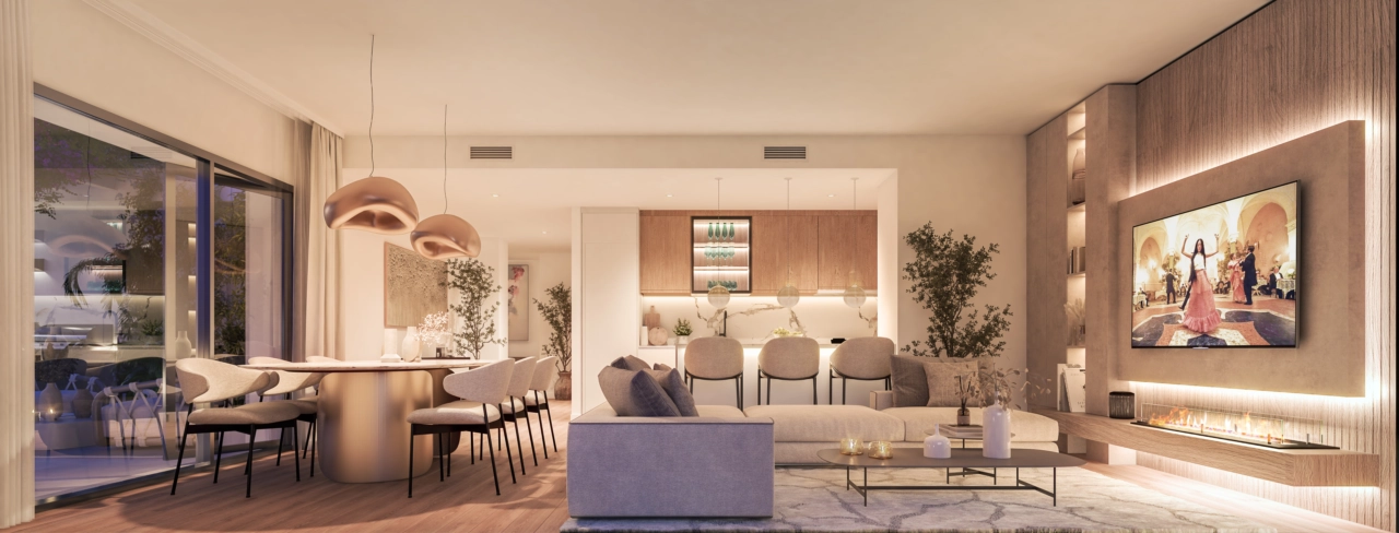 De woonkamer 's avonds, een warme en uitnodigende ruimte voor comfort en ontspanning.