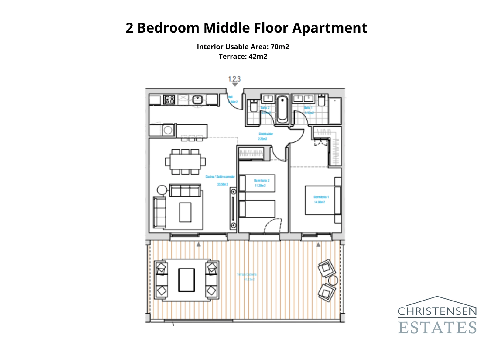 Een intelligent ontworpen appartement met twee slaapkamers en een open woonkamer die uitkomt op een royaal terras.