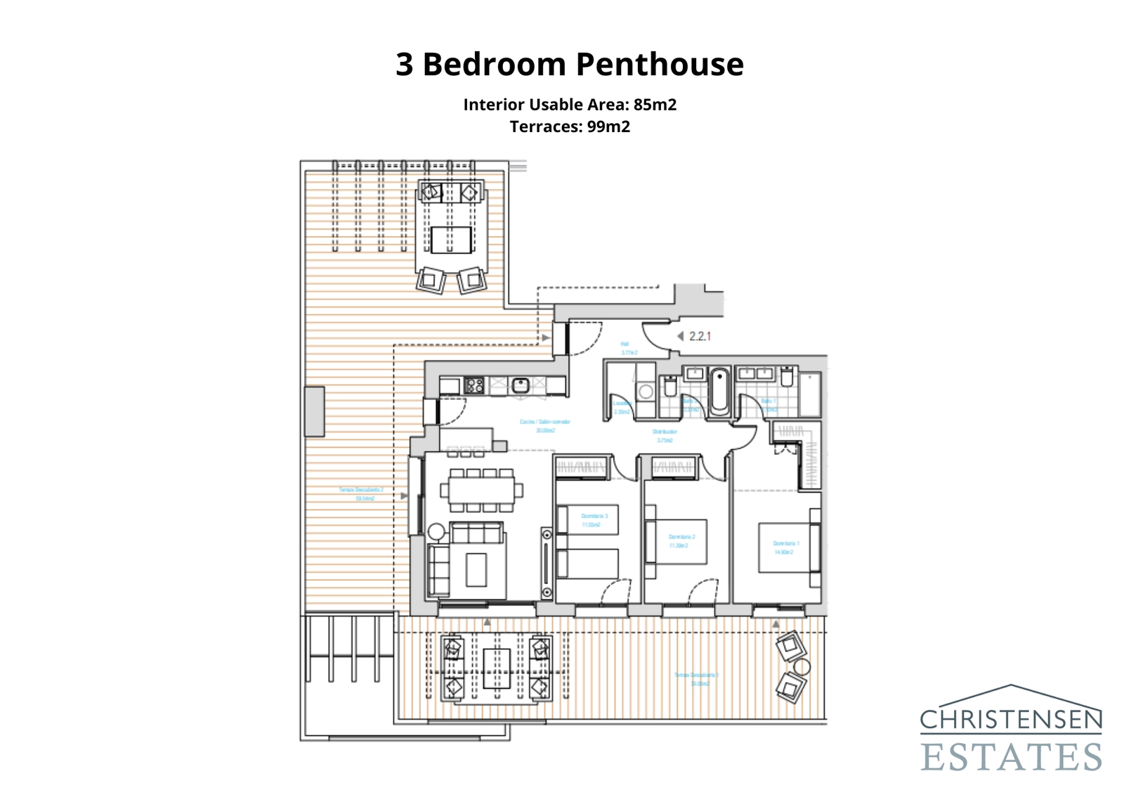 Dit uitzonderlijke penthouse-ontwerp met drie slaapkamers omvat uitgestrekte terrassen rondom om het prachtige uitzicht op zee en de golfbaan te maximaliseren.