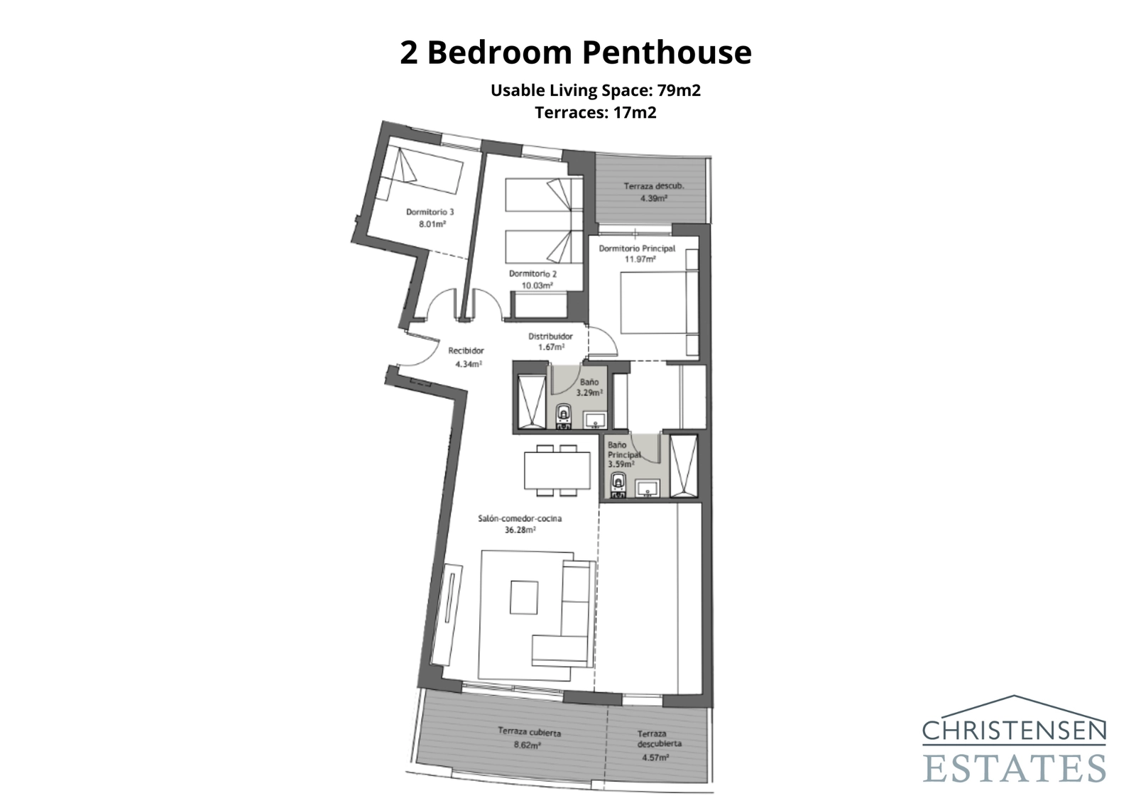 Een penthouse-indeling met twee slaapkamers, ontworpen voor een premium levensstijl, met royale woonruimtes en meerdere terrassen om te genieten van het aangename klimaat van de Costa del Sol.