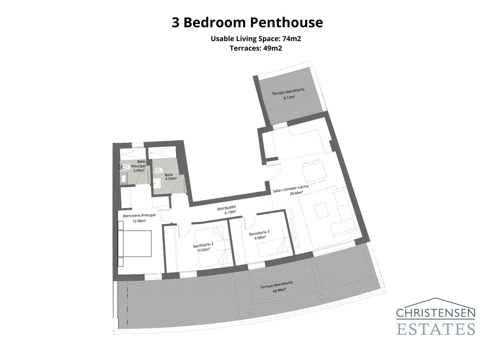 Dit ruime penthouse met drie slaapkamers biedt een uitzonderlijke woonervaring, met een indrukwekkend groot terras, perfect voor entertainment en ontspanning.