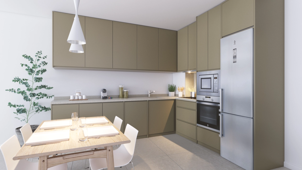 Een volledig uitgeruste, eigentijdse keuken met hoogwaardige apparatuur en stijlvolle afwerkingen, klaar voor gebruik.