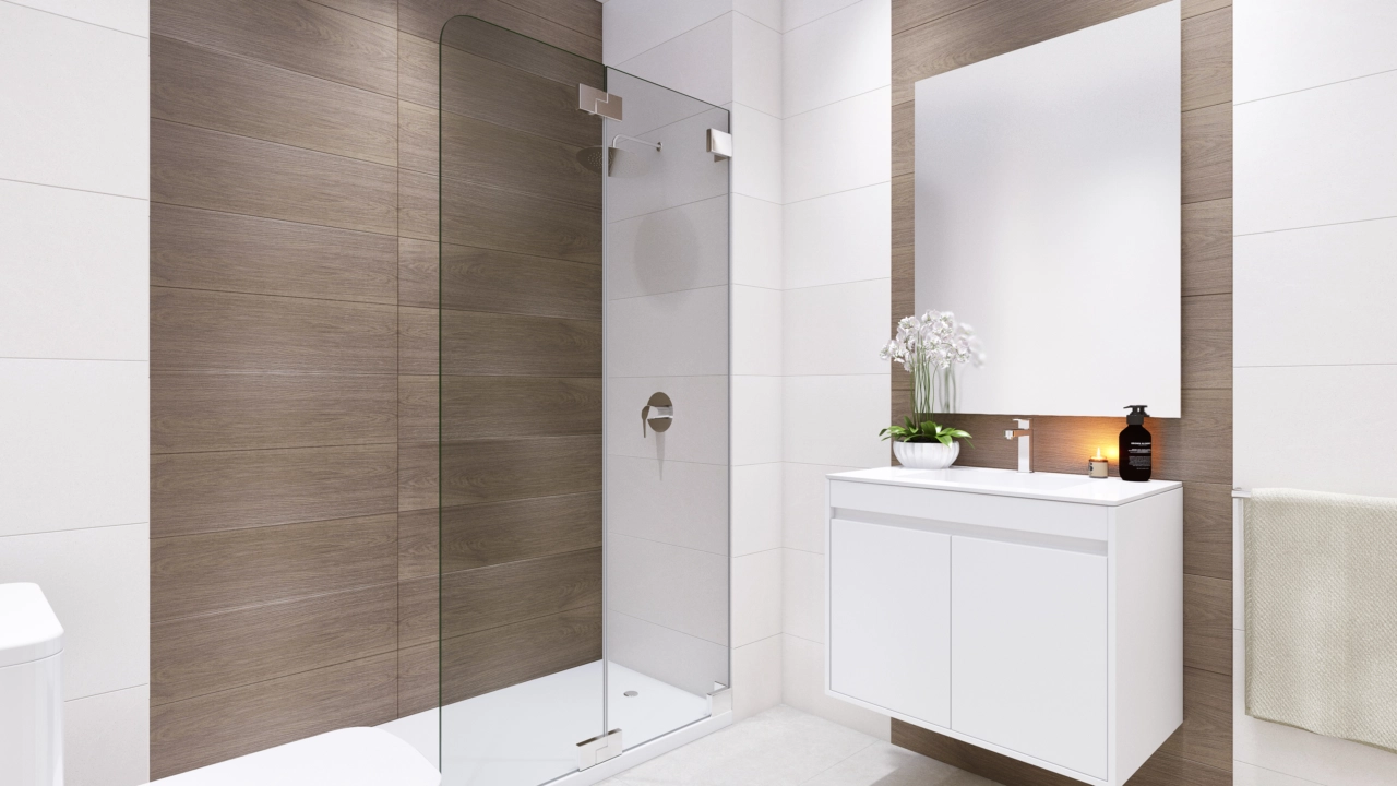 Een strakke en moderne badkamer met hoogwaardige materialen en een schoon, elegant ontwerp.