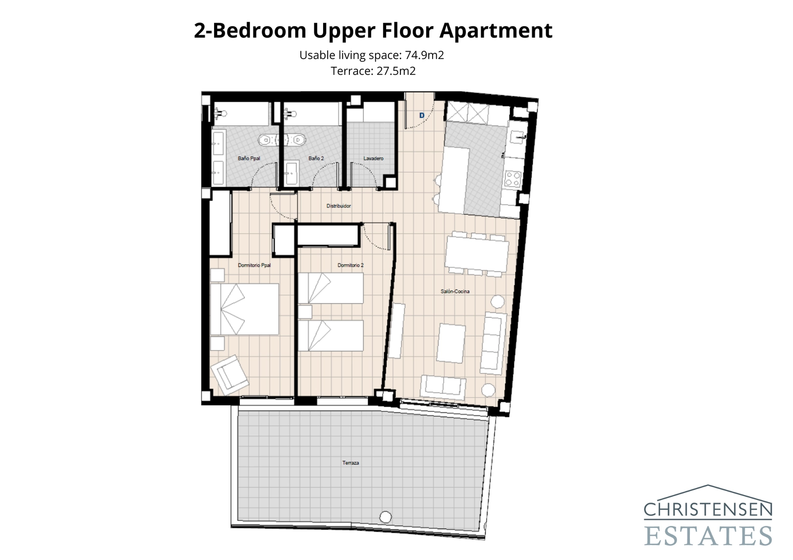 De goed ontworpen indeling voor dit appartement op een hogere verdieping met twee slaapkamers maximaliseert de ruimte en biedt een prachtig uitzicht vanaf het terras.