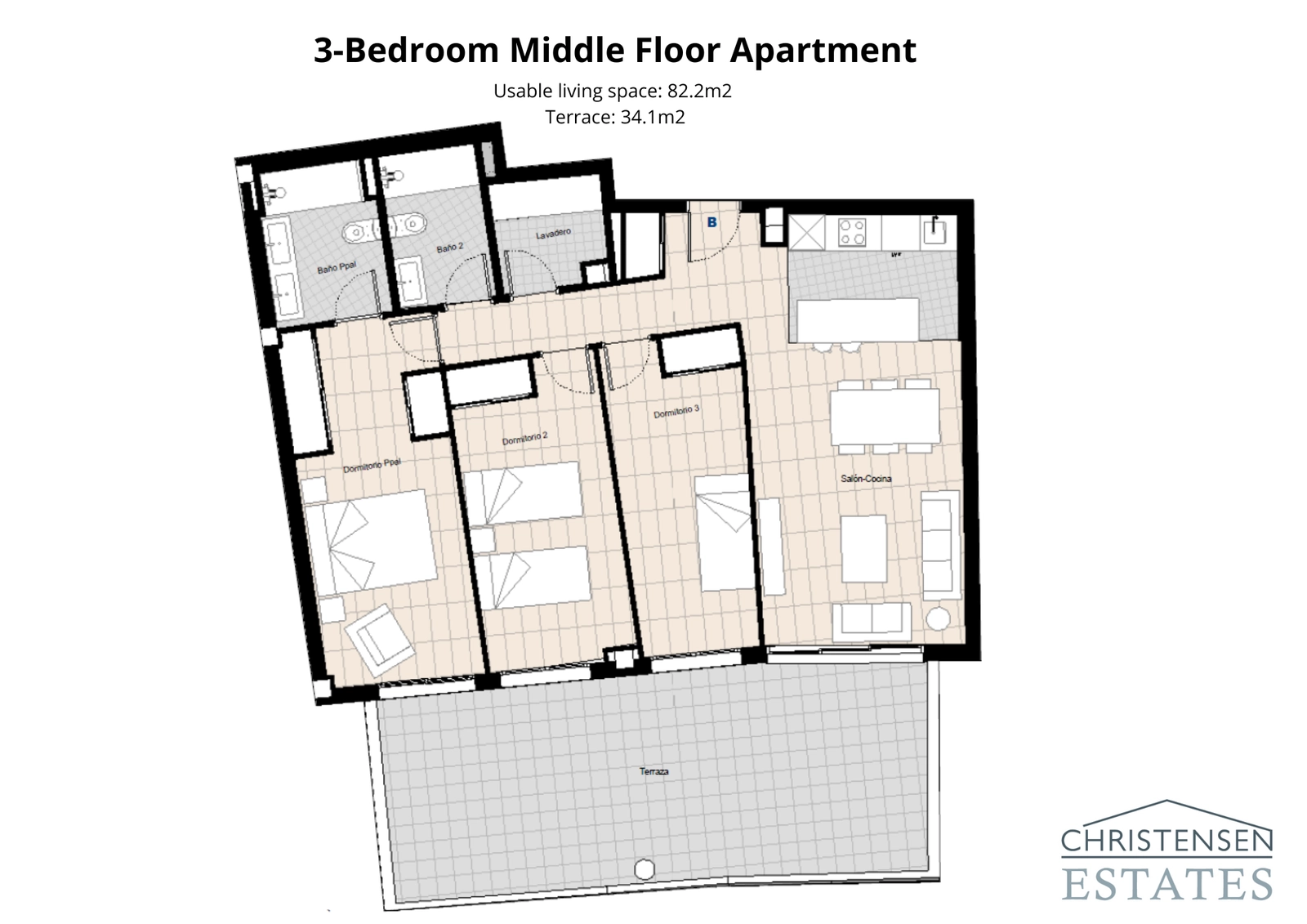 Dit appartement met drie slaapkamers op een tussenverdieping biedt een ruime en praktische indeling met een royaal terras om van het klimaat te genieten.