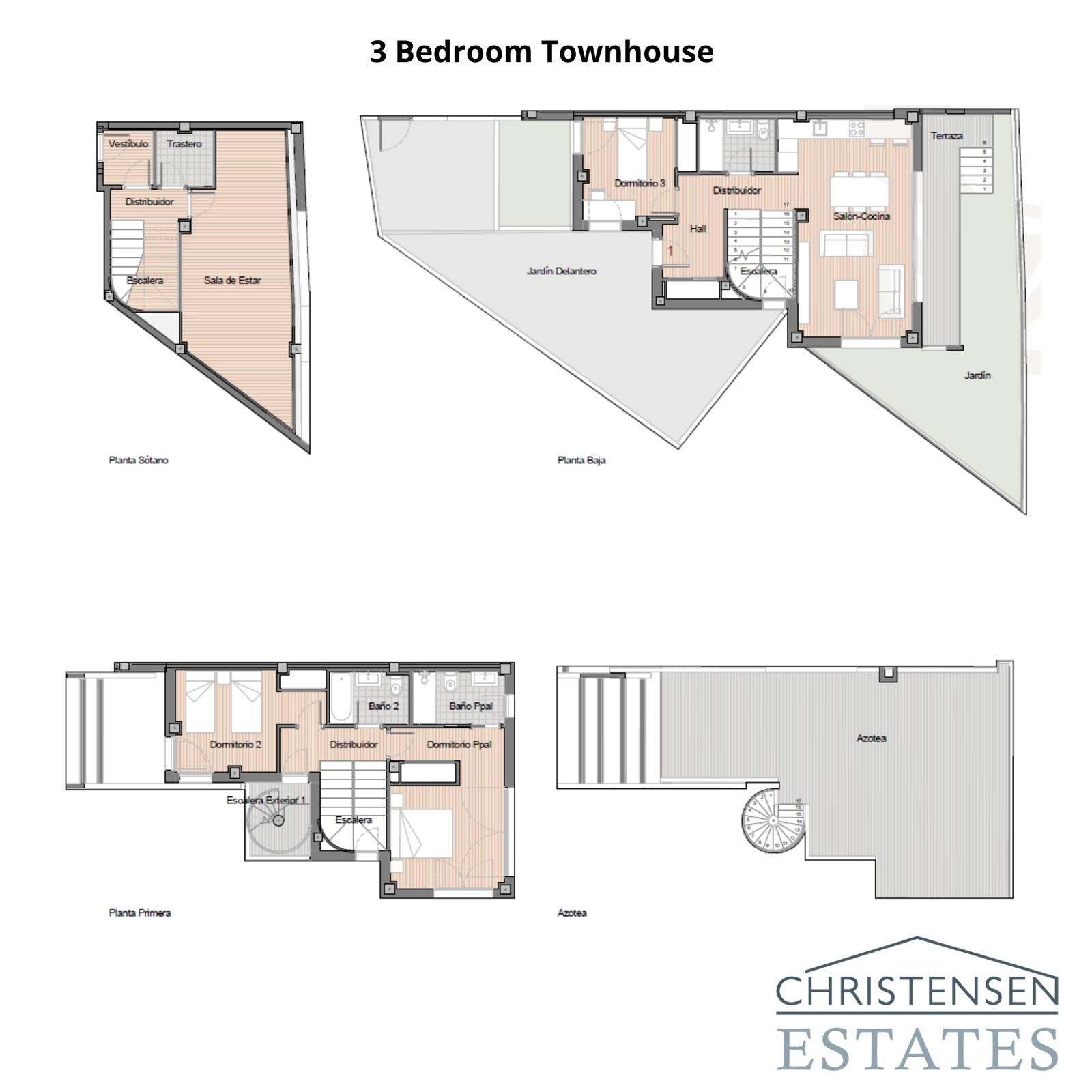 Dit plan toont de indeling van een ruime rijtjeswoning met 3 slaapkamers, met een gedetailleerde weergave van de kamerverdeling over de kelder, begane grond, eerste verdieping en het daksolarium.