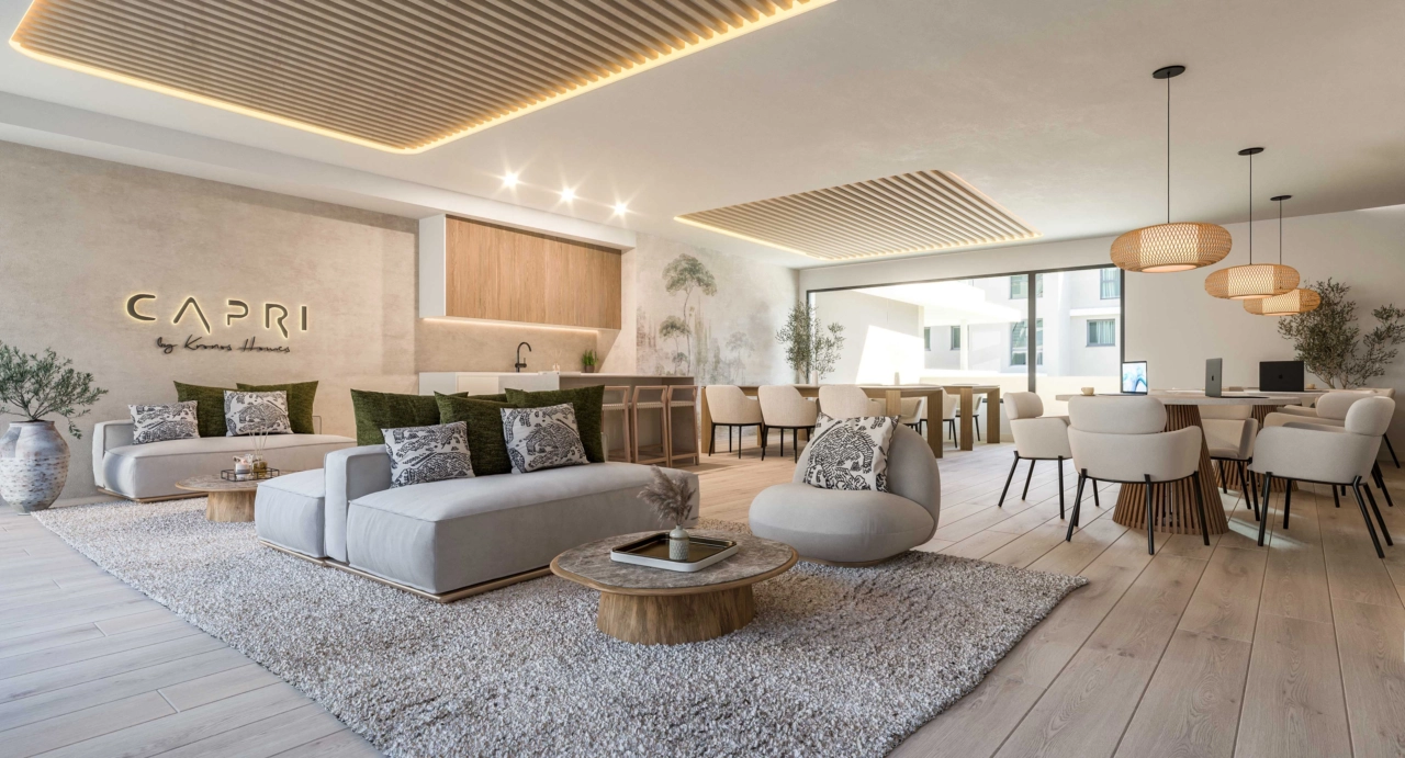 Een comfortabele en stijlvolle co-workingruimte voor bewoners om te werken of te ontspannen.