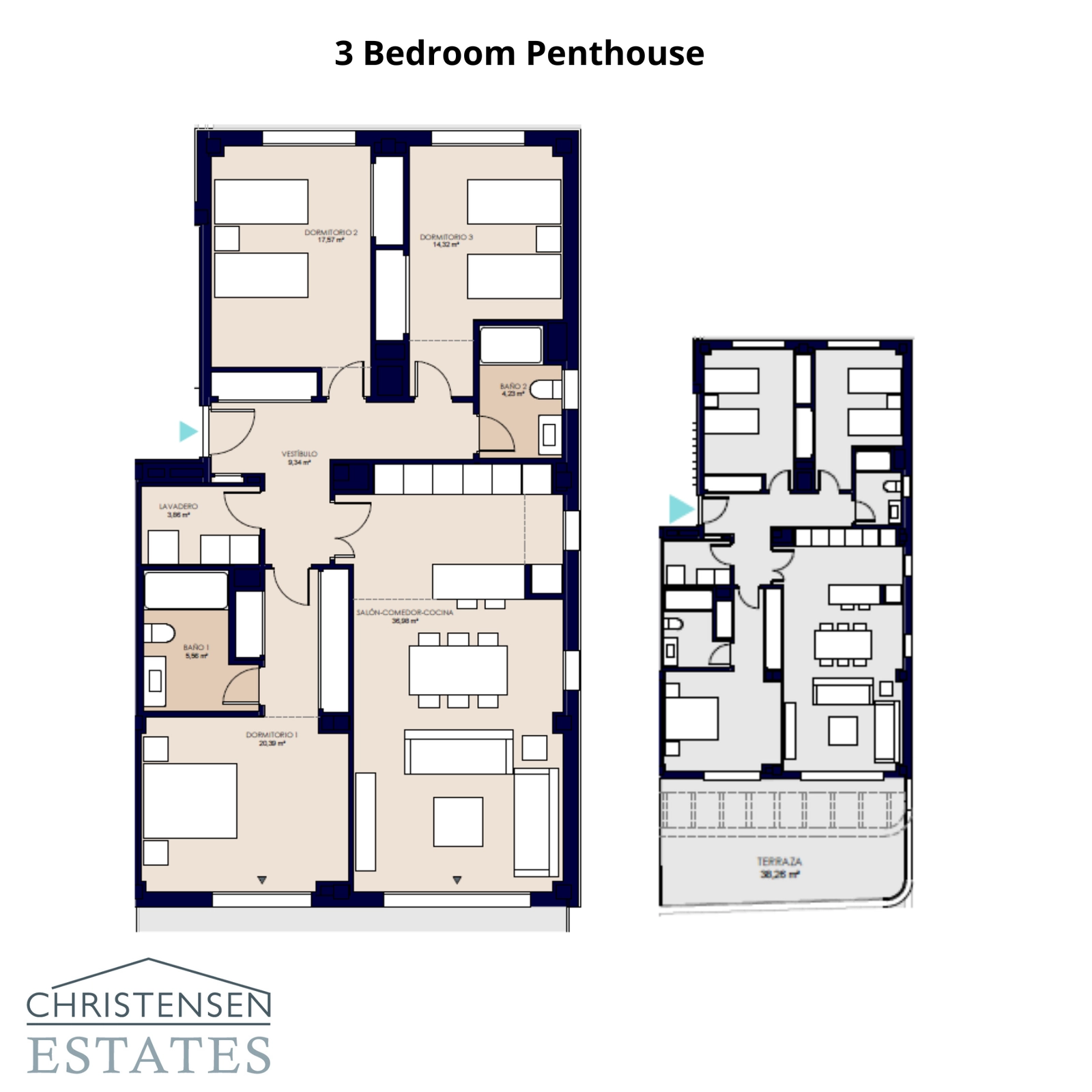 De indeling voor een penthouse met drie slaapkamers, waarbij de ruime woonkamer en het terras worden benadrukt.