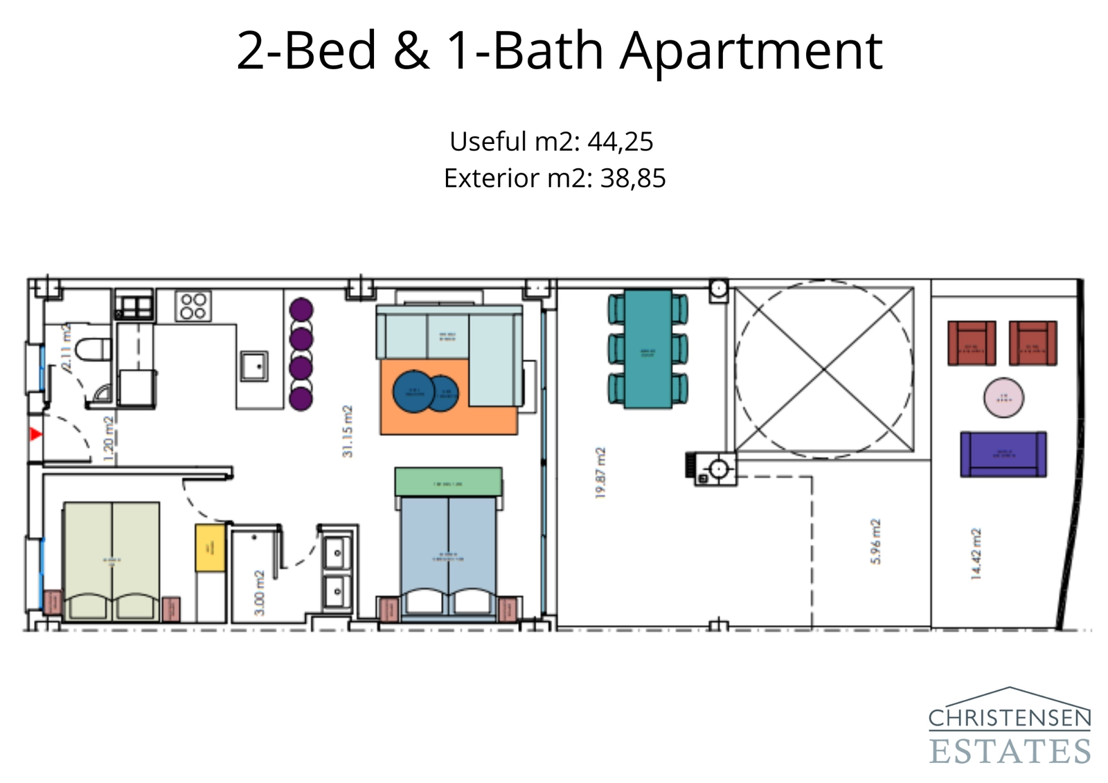 Plattegrond voor een goed ontworpen appartement met twee slaapkamers en één badkamer, met een efficiënte indeling en een royaal buitenterras.