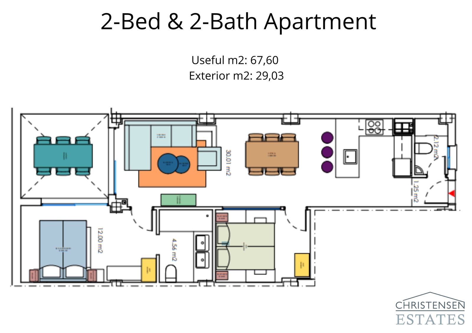 Indeling van een ruime woning met twee slaapkamers en twee badkamers, waarbij de open woonkamer en comfortabele slaapkamermaten worden benadrukt.