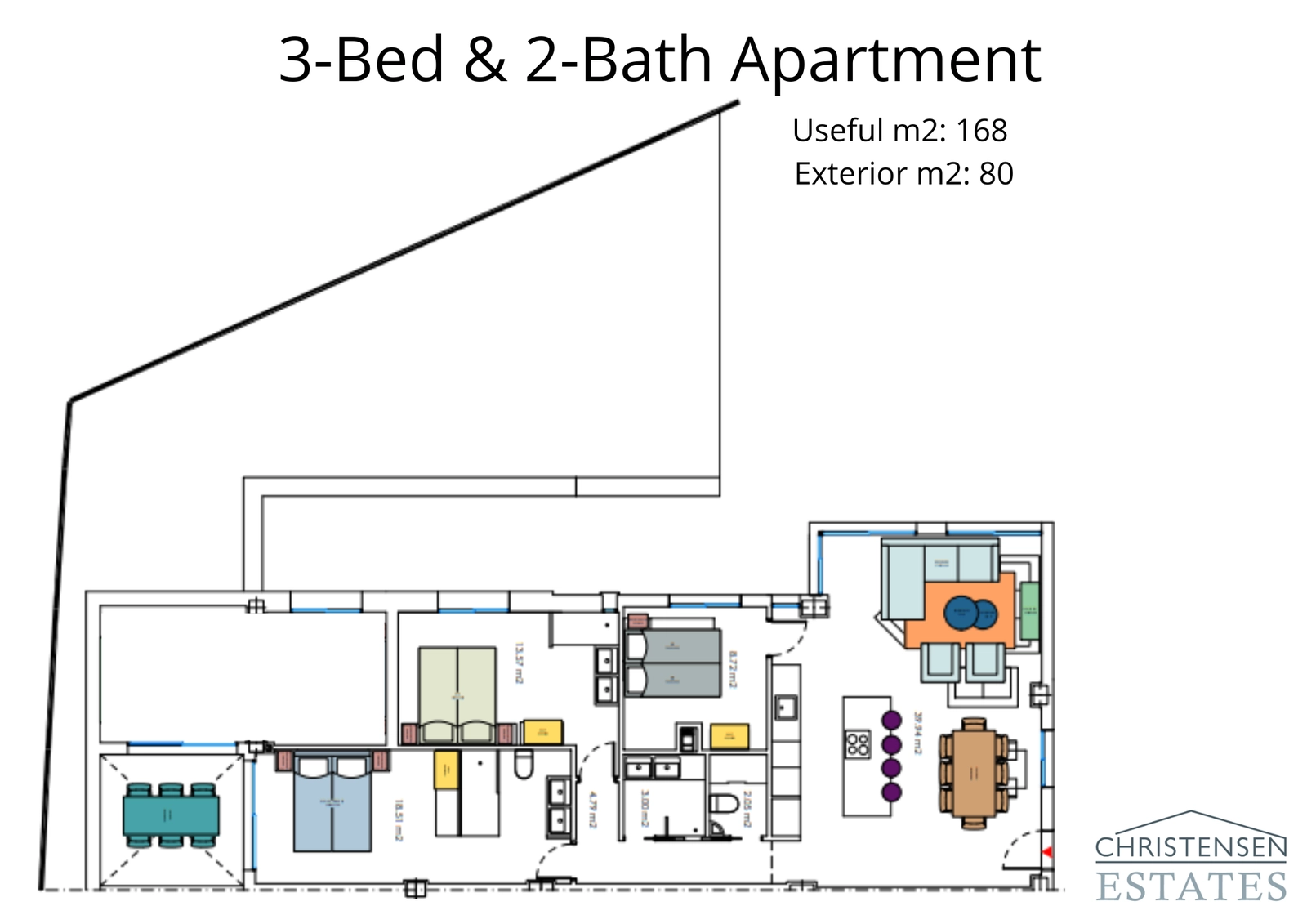 Deze plattegrond van een appartement met drie slaapkamers biedt voldoende ruimte voor gezinswonen, met een groot terras om te genieten van de levensstijl aan de Costa del Sol.