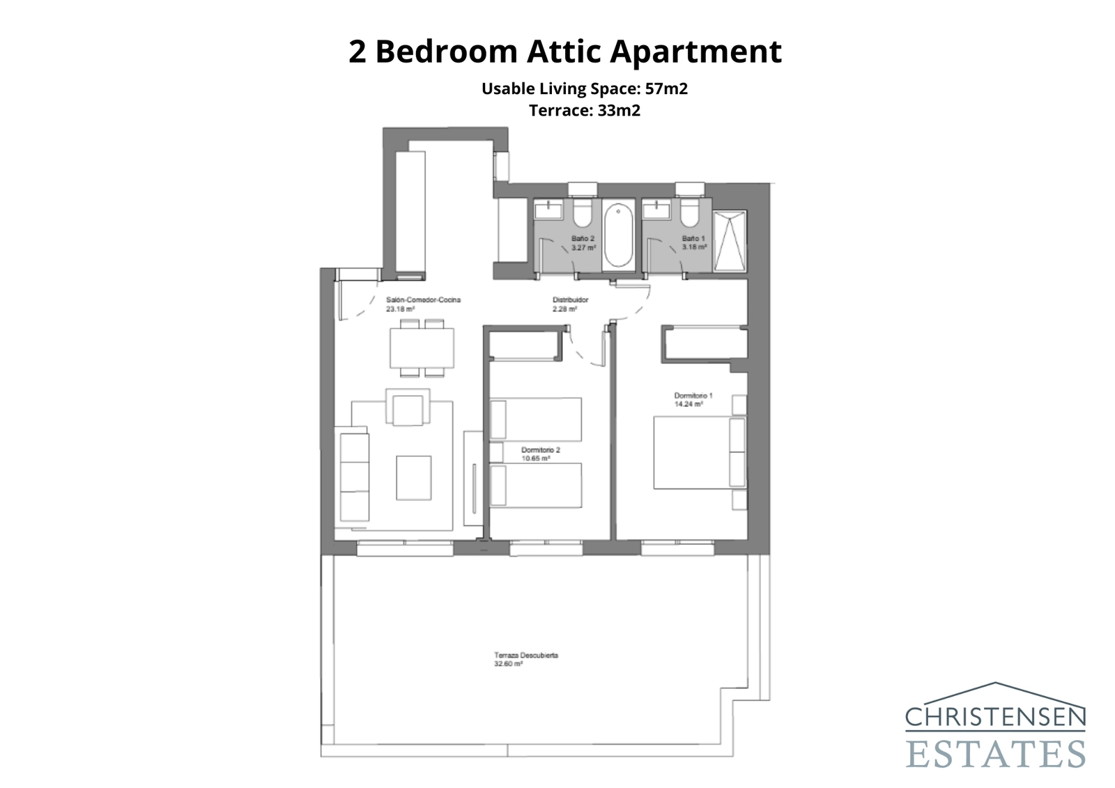 Het penthouse met twee slaapkamers omvat een prachtig terras om van de zon en het uitzicht te genieten.