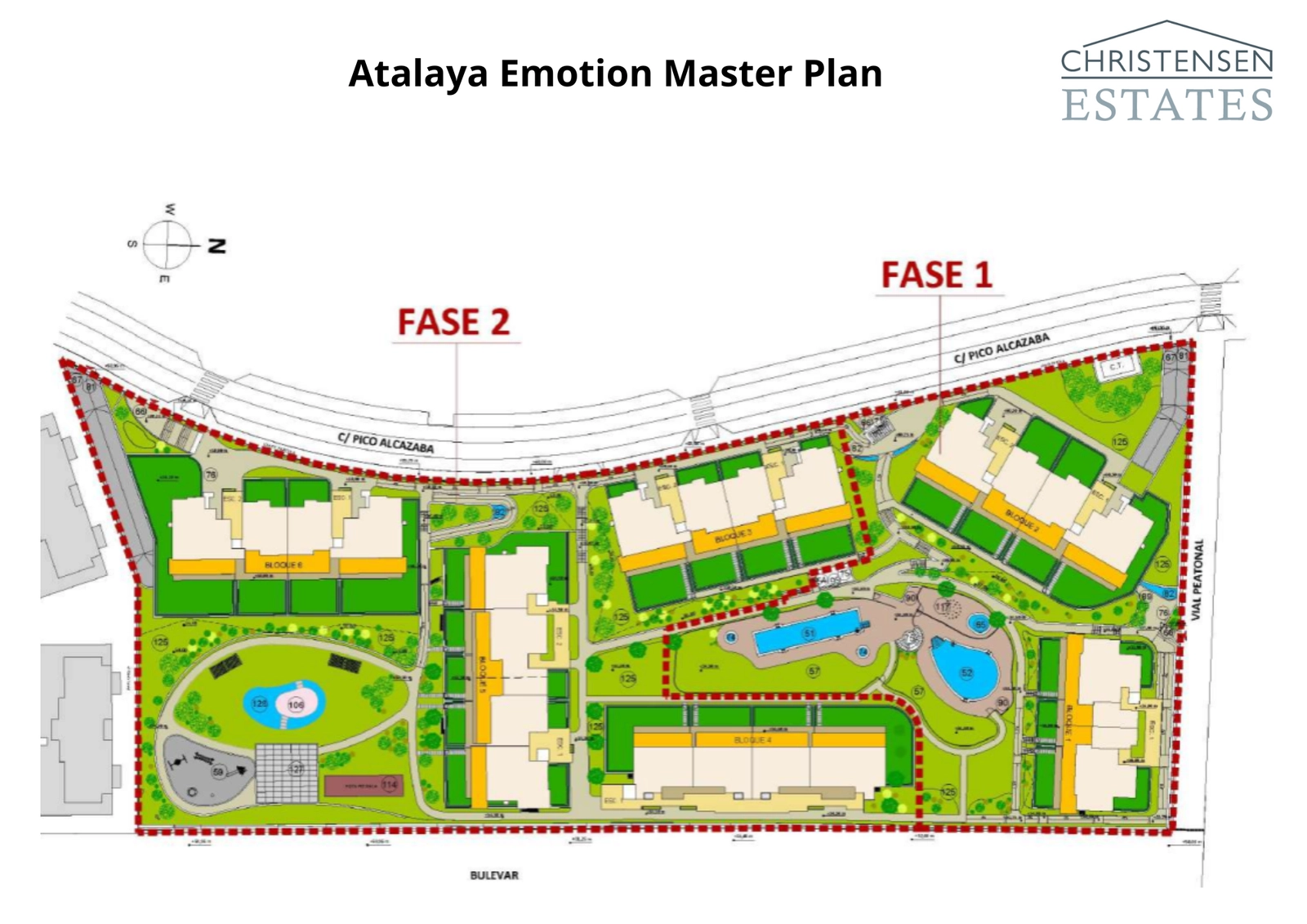 Dit masterplan illustreert de doordachte indeling van het complex, met de uitgebreide groene zones en gemeenschappelijke faciliteiten.