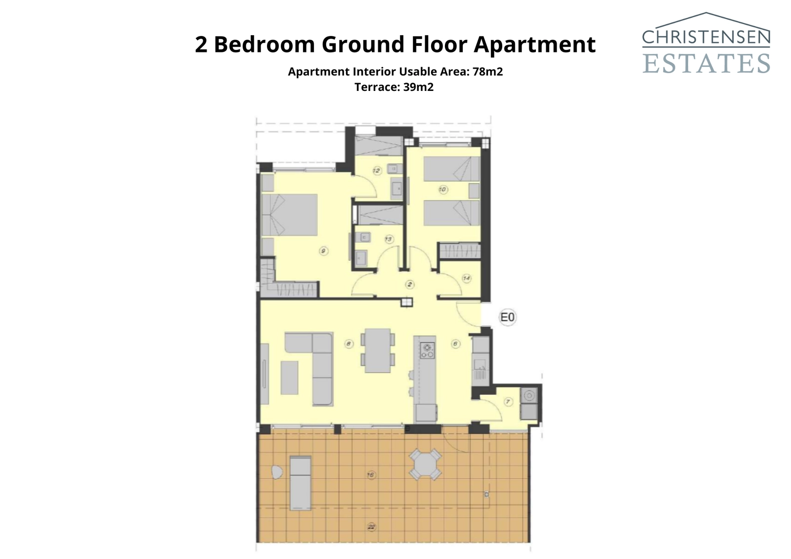 De indeling voor een tweeslaapkamerappartement op de begane grond, ontworpen voor comfort met een open woonruimte en een ruim privéterras.