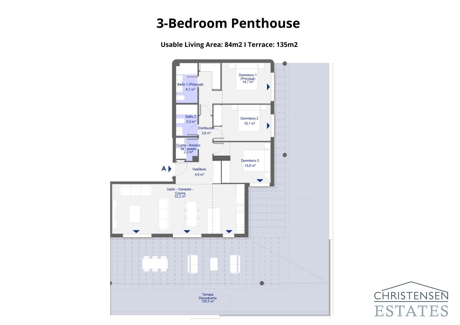 Een royaal penthouse met drie slaapkamers en een indrukwekkend terras van 135 m² voor een ultieme binnen-buitenlevenstijl.