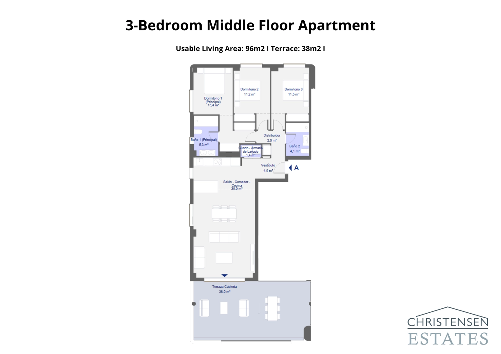 Het goed geproportioneerde appartement met drie slaapkamers biedt comfortabele woonruimtes en een royaal overdekt terras.