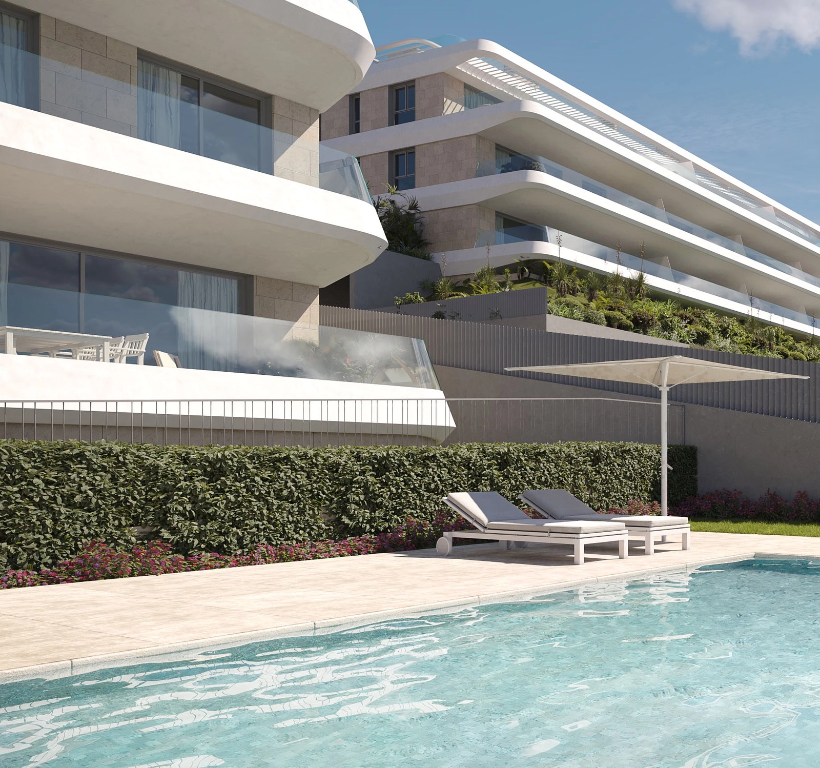 Geniet van ontspannen dagen bij het gemeenschappelijke zwembad, omgeven door weelderig groen en modern architectonisch ontwerp.