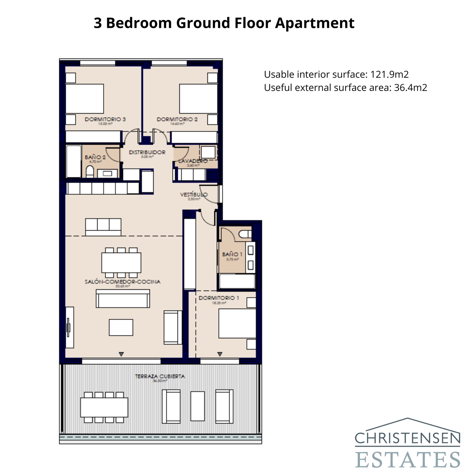 De ruime plattegrond van een begane grond appartement met drie slaapkamers beschikt over een royale overdekte terras, ideaal voor gezinnen en om te genieten van het aangename klimaat van de Costa del Sol.