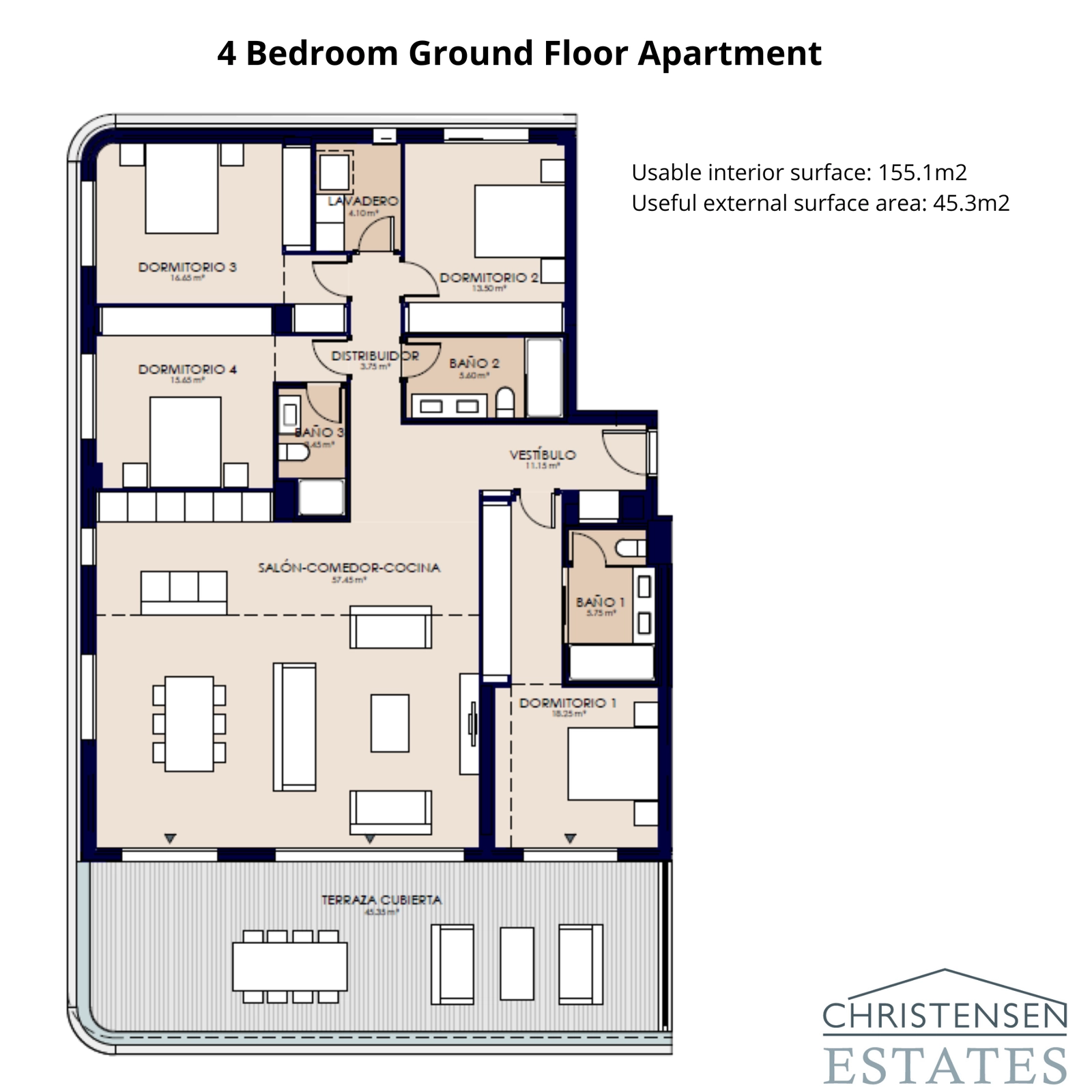 Een goed ontworpen begane grond woning met vier slaapkamers, met ruime leefruimtes en een groot terras, perfect voor comfortabel wonen en entertainment.