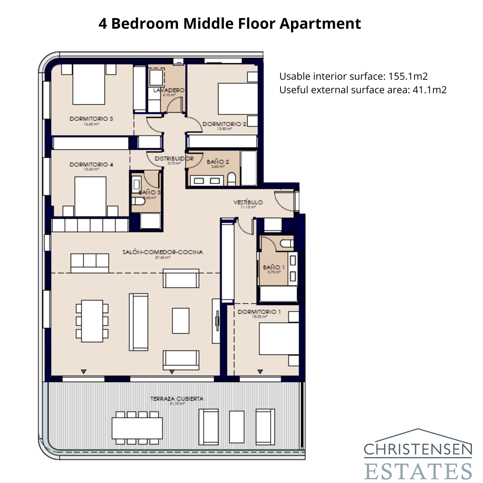 Dit appartement met vier slaapkamers biedt een slimme indeling met voldoende ruimte voor het gezinsleven, aangevuld met een breed terras met prachtige uitzichten.